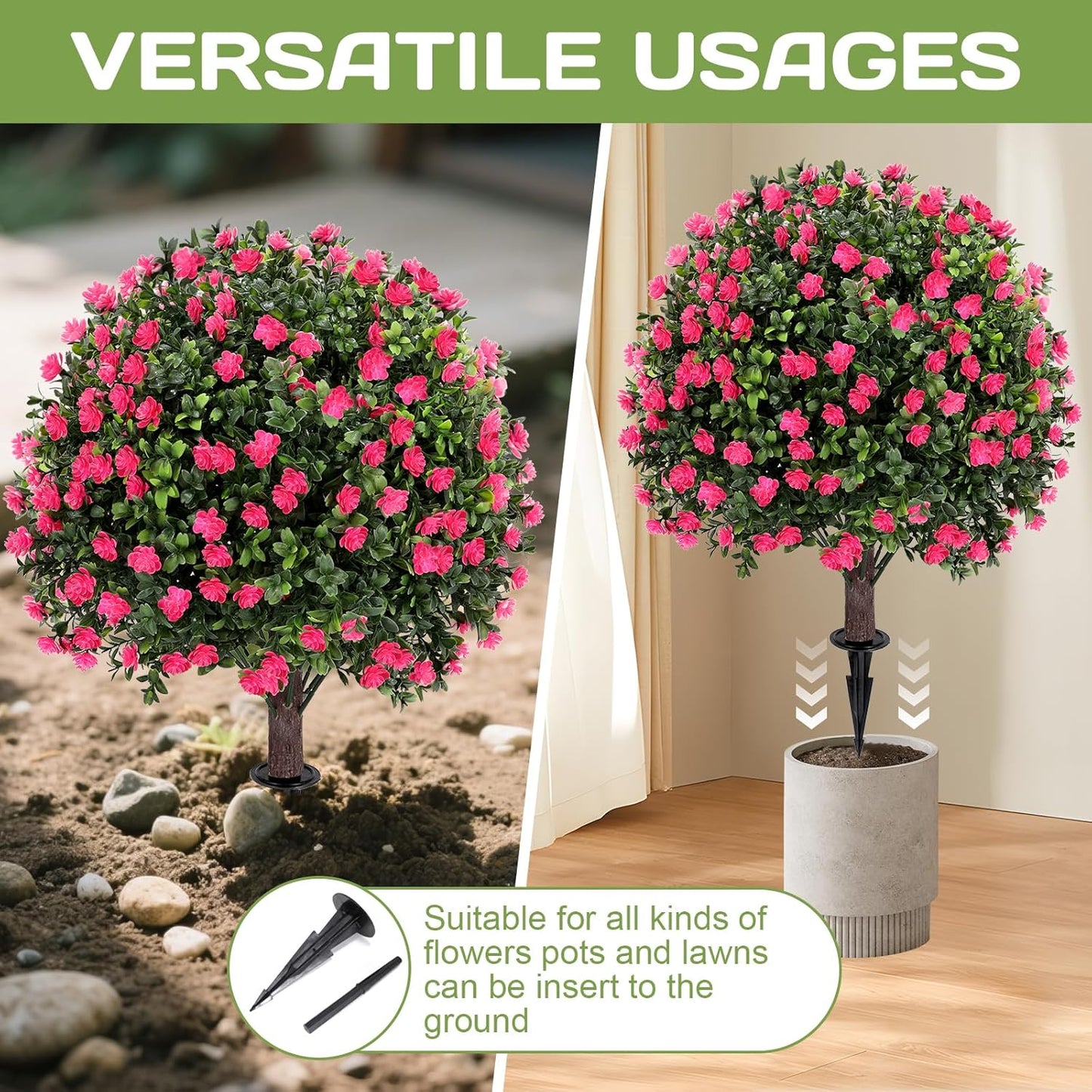 Artificial Pink camellia Topiary Ball Tree 25" with Ground Spike, Set of 2 Artificial Boxwood Bushes for Faux Shrubs, Fake Evergreen Faux Plant for Indoor Outdoor Garden -UV Resistant–Fade-Proof