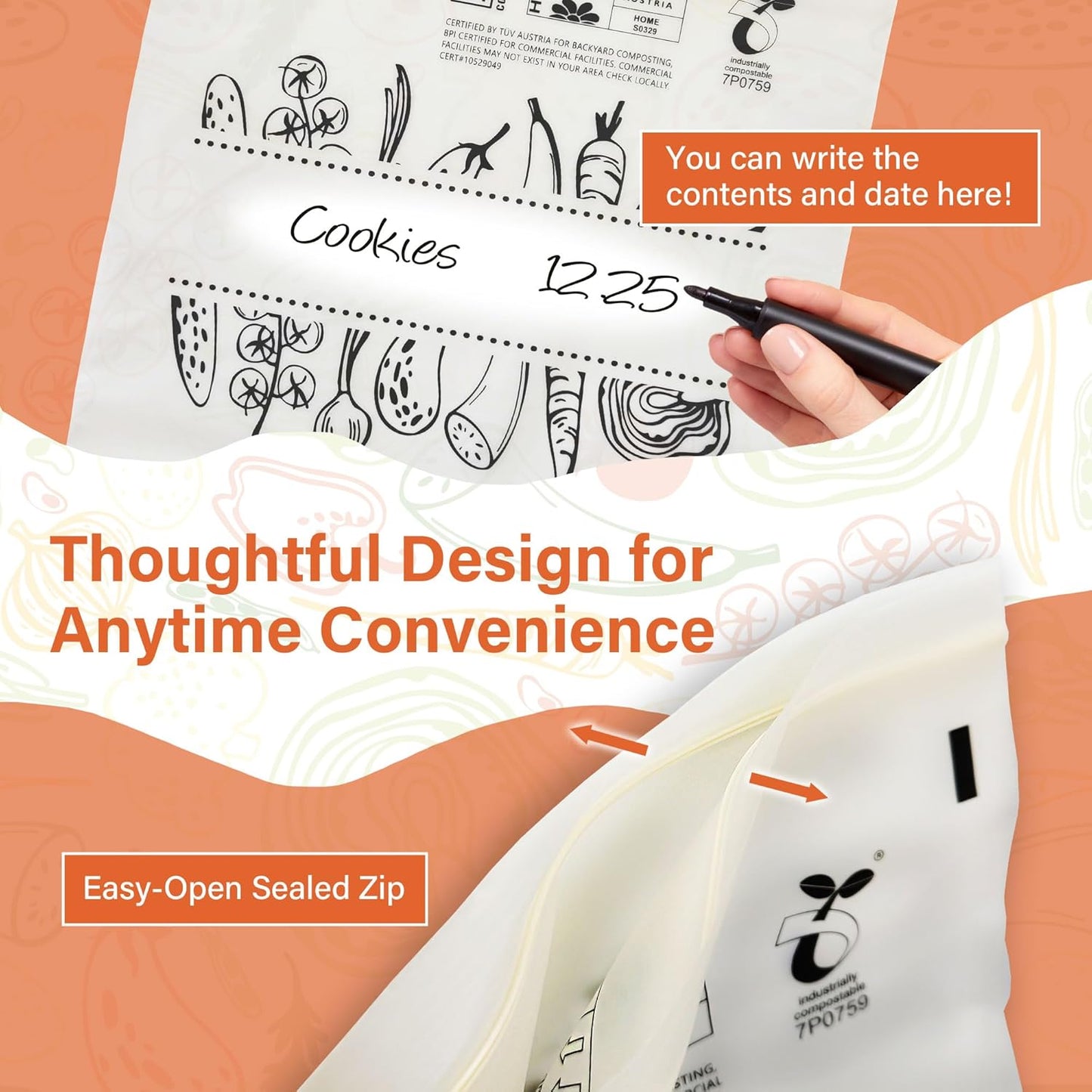 Compostable Food Storage Bags, Large Gallon Resealable Freezer Bags, 30 Count, 10.5 x 10.6 inches, Extra Thick and Reusable, Eco-Friendly, Certified US BPI ASTM D6400 Europe OK Compost