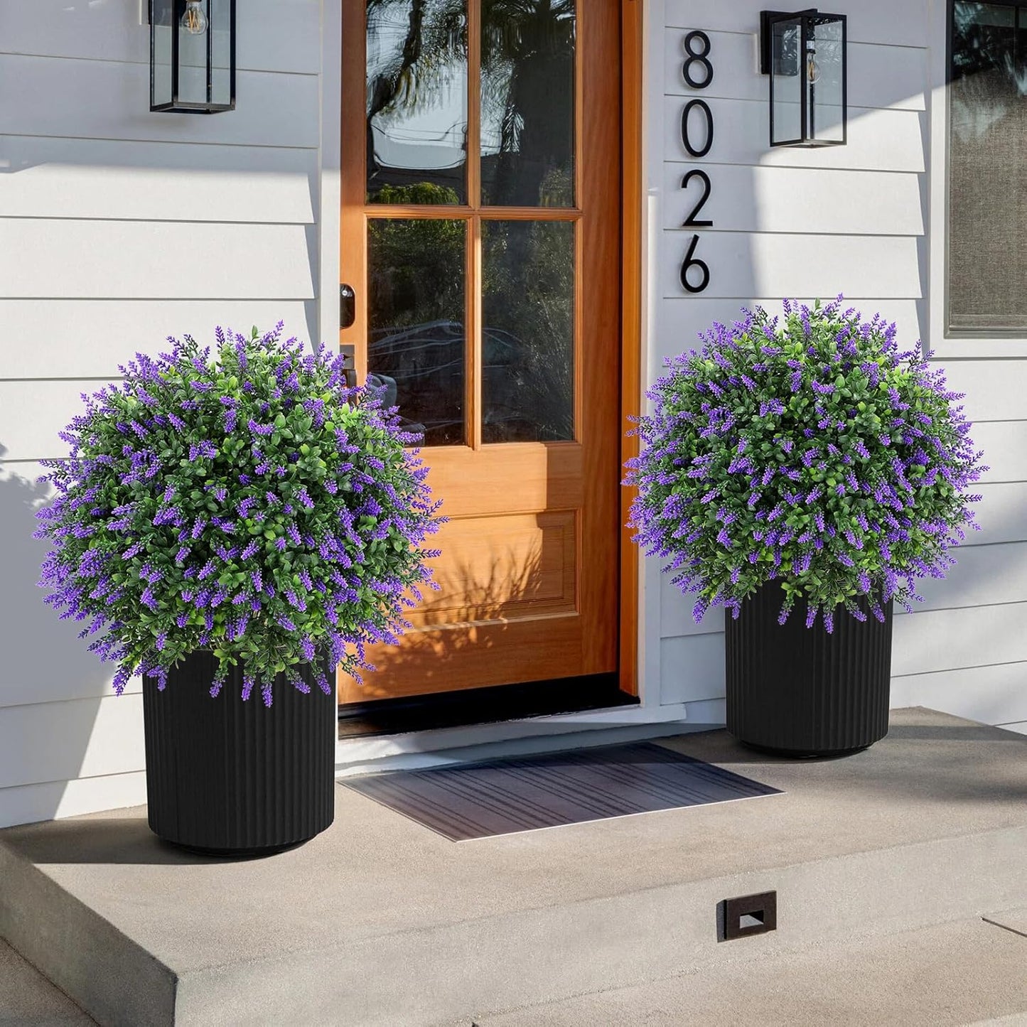 Artificial Lavender Topiary Ball Tree 25" with Ground Spike, Set of 2 Artificial Boxwood Bushes for Faux Shrubs, Fake Evergreen Faux Plant for Indoor Outdoor Porch Garden -UV Resistant–Fade-Proof