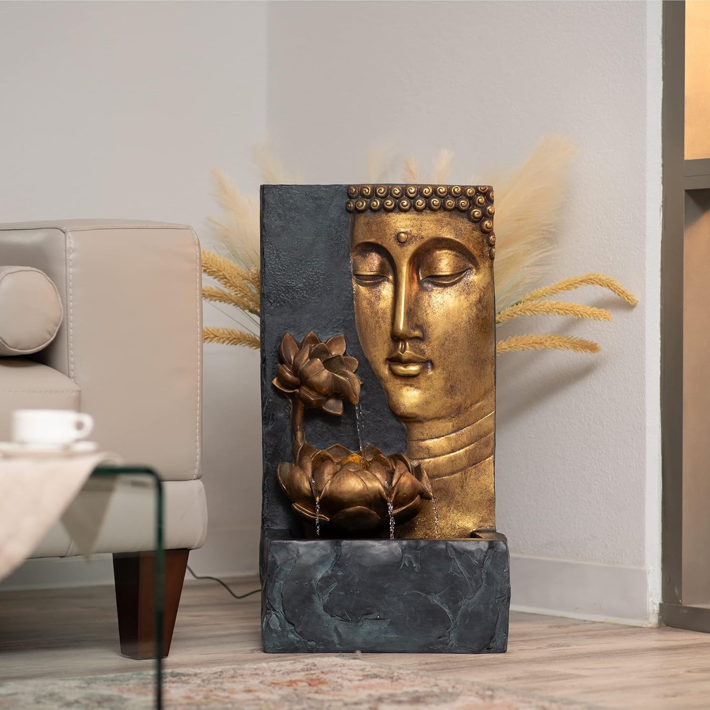 XBrand 30" Indoor/Outdoor Buddha Face Water Fountain with LED Light and Pump Zen Decor for Home, Office, Garden, and Patio