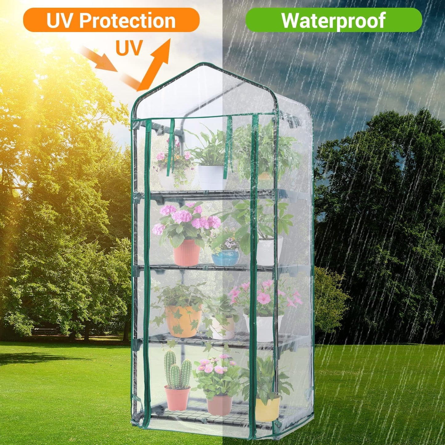 Mini Greenhouse for Outdoors Indoor: Ohuhu Small Green House with 4 Tier Shelves, Portable Plastic Greenhouses with Heavy Duty Transparent PVC Cover for Winter Garden Patio Backyard Porch Balcony