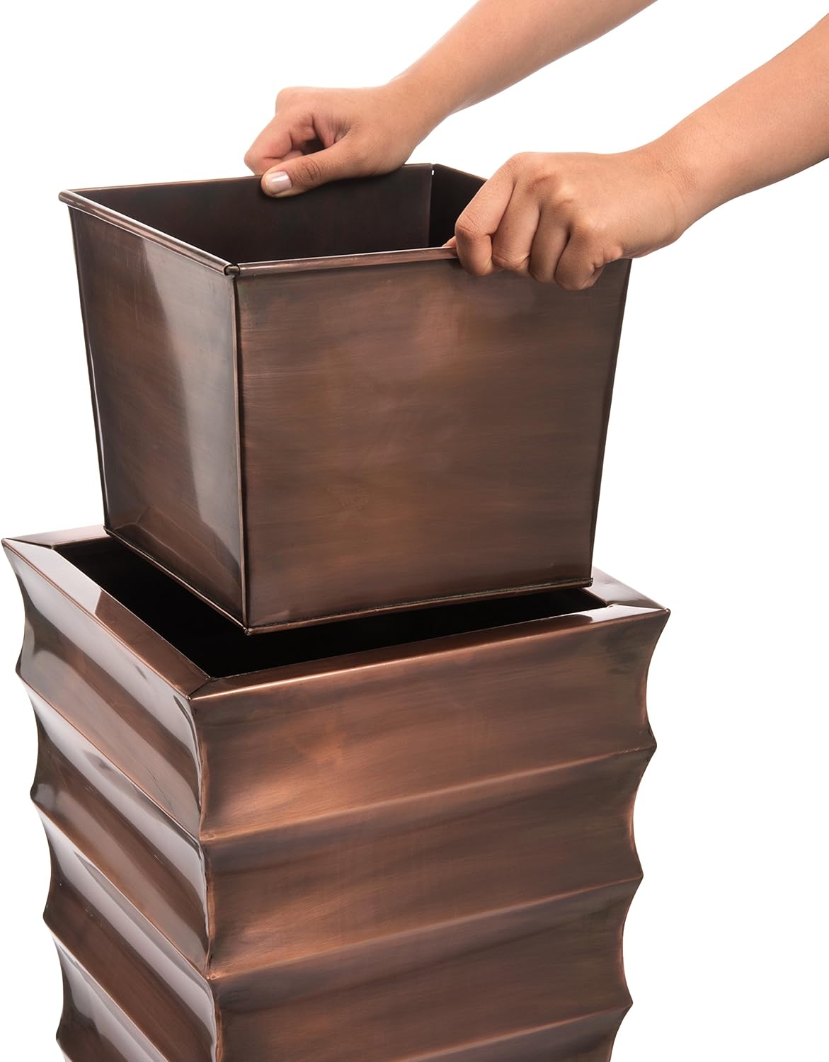 H Potter Copper Ribbed Planter Large for Outdoor Indoor Plants Small Spaces Entryway Patio Porch Tall Metal Planter Decor Vase with Drainage Drip Tray