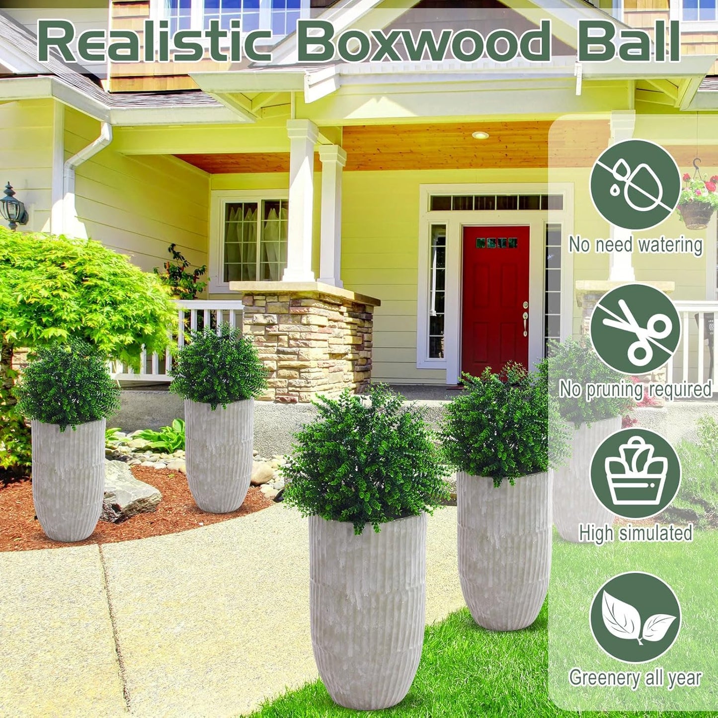 Yunlly 10 Pcs 18 Inch Artificial Boxwood Ball Topiary Tree Fake Outdoor Plants Bush, UV Resistance Faux Shrubs with Spike Realistic Greenery Potted for Indoor Garden Yard Porch Patio Decor (Green)