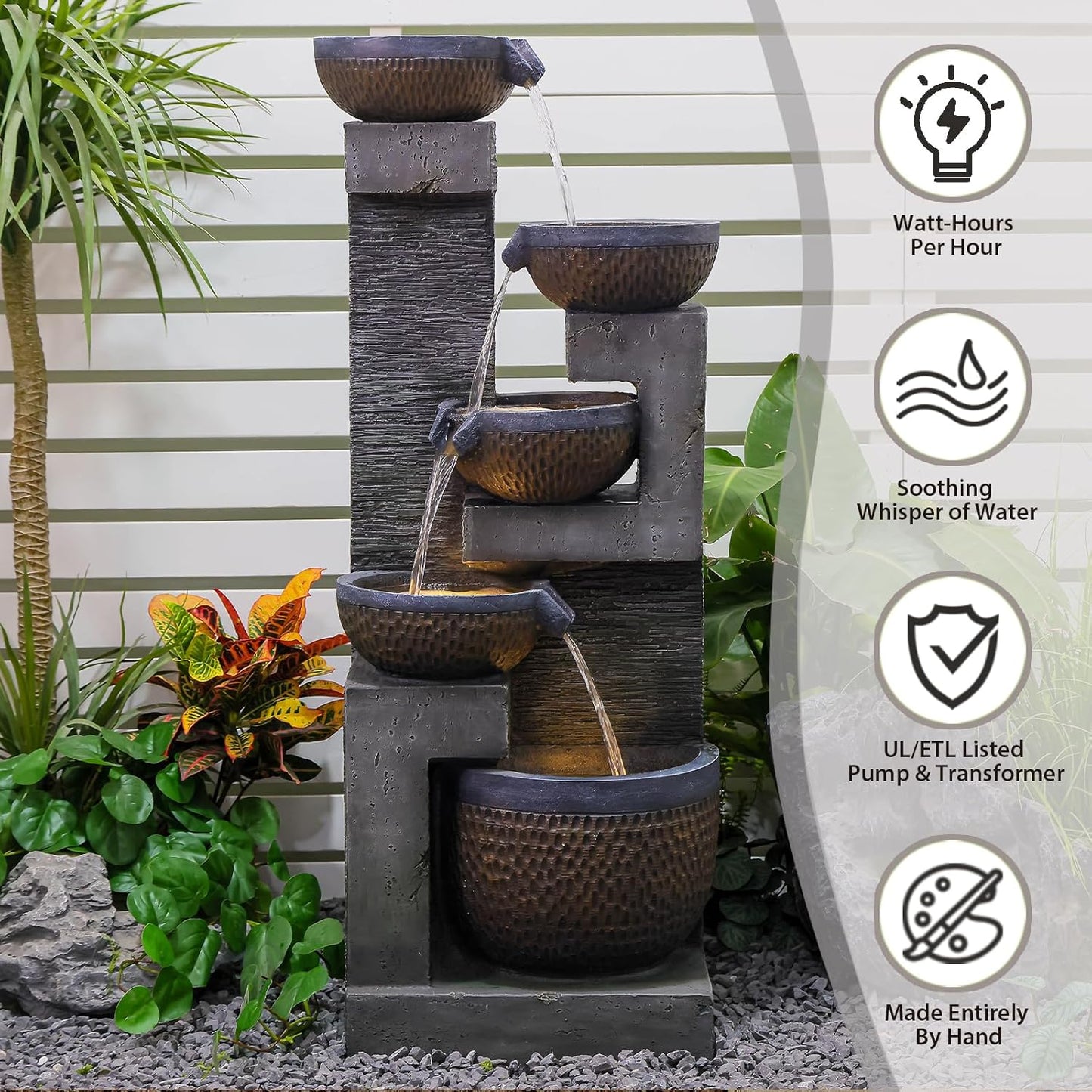50" H Large Garden Fountains Outdoor, 5-Tier Cascading Rustic Style Bowl Water Fountain and Waterfall Feature with Light and Pump for Garden, Patio, Deck, Porch, Home Décor, Gray&Brown