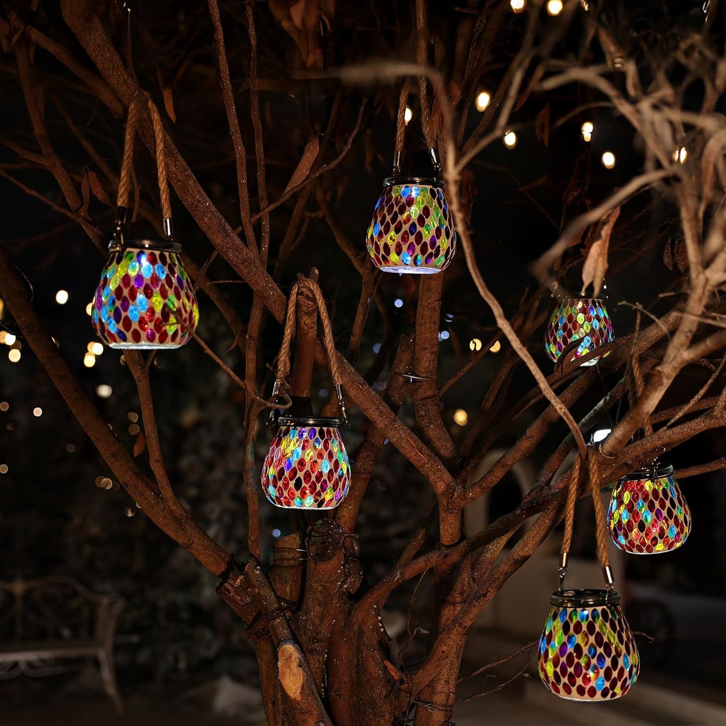 Cooo 4 Pack Mosaic Solar Lantern Outdoor Waterproof IP68 Hanging Projection Light Hidden Lid Pear-Shaped Lantern with Rope Handle Solar Powered Auto On for Patio Garden Fence Table - Crimson Ember