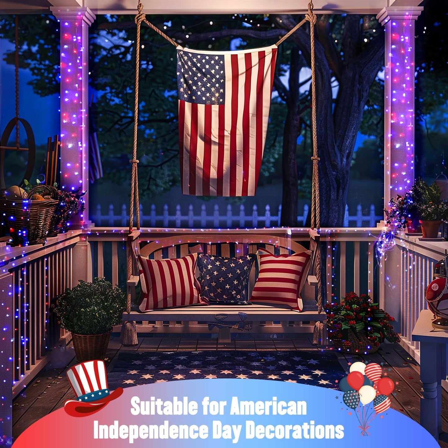JMEXSUSS 2 Pack Red White and Blue Solar Lights, Each 100 LED 33FT Solar Fairy Lights Outdoor Waterproof, 4th of July Solar String Lights for Independence Day Outside Decorations