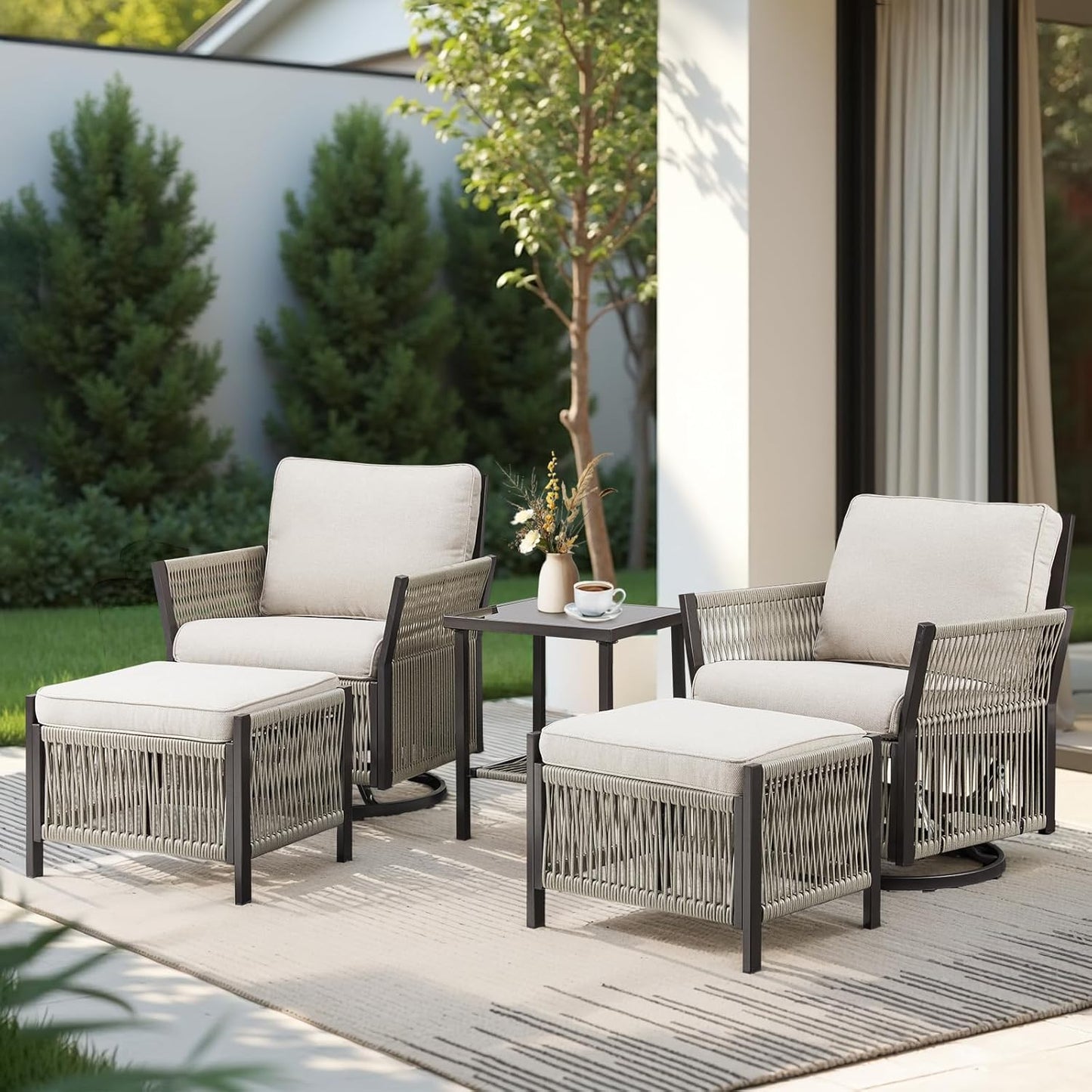 Patio Furniture Wicker Outdoor Conversation Set, 5-Piece All Weather Patio Furniture Rattan Rocking Sets w/Removable Cushions & Ottomans, Side Table for Backyard, Balcony, Deck, Beige