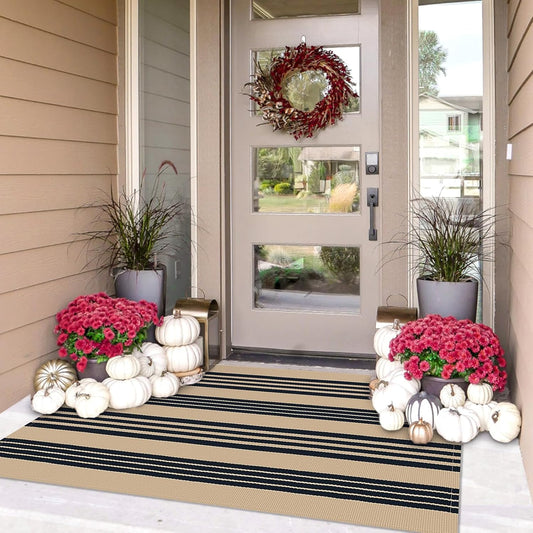 IOHOUZE Black and Tan Striped Rug 3'x5' Front Door Rugs Outdoor, Washable Area Rug for Front Porch, Spring Summer Welcome Mats Outdoor Indoor, Doormat for Entryway Porch Entrance