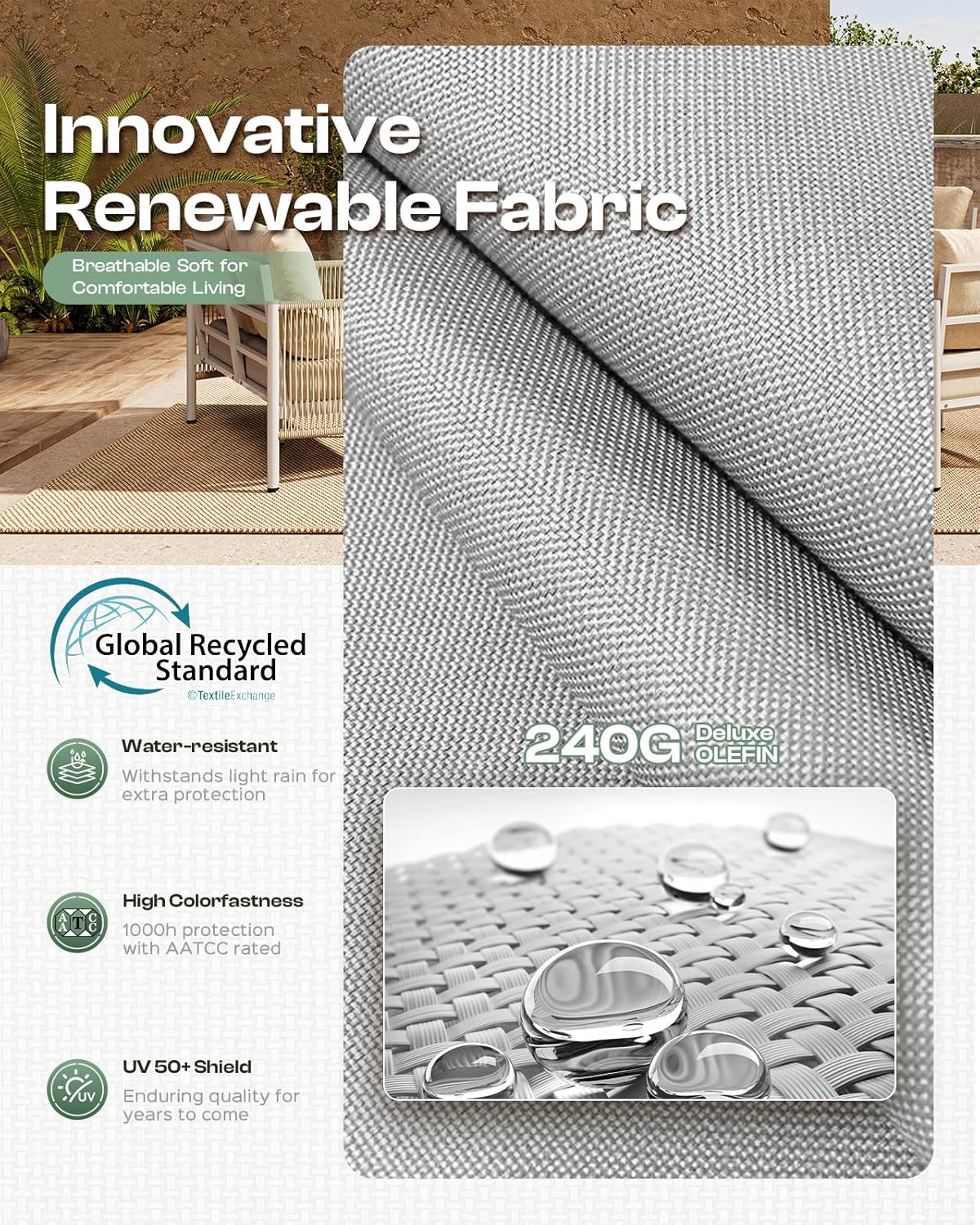 Aluminum Outdoor Sofa Armchair, HDPE Rope Patio Couch with Washable Thick Cushion, All-Weather Outdoor Patio Chairs Set of 2 for Balcony, Yard, Gray Frame, Gray