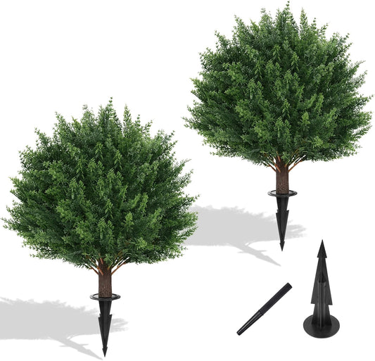 Artificial Set of 2 Cedar Topiary Ball Trees 16" for Outdoors with Ground Spike, UV Resistant Faux Cypress Plants, Evergreen Shrubs Bushes for Front Porch Garden Backyard Decor