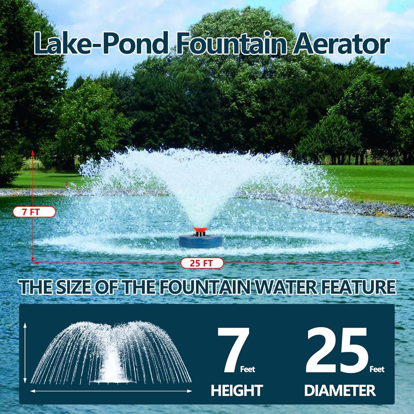 Pond Fountain Aerator 1 HP 15,000 GPH Fountain Pump with Timer 15A/110V 100-foot Power Cord 33x2Ft Traction Rope High-efficiency energy-saving water circulation system for ponds and lakes