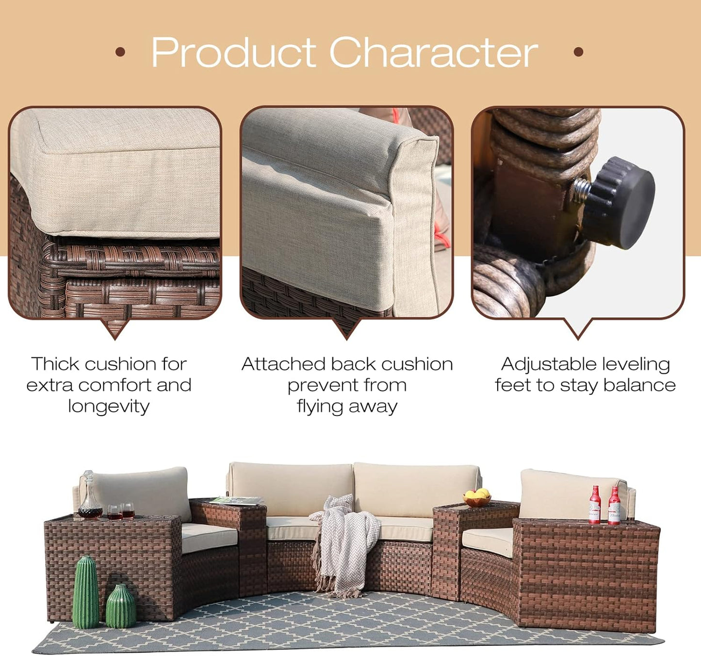 SUNSITT Outdoor Patio Furniture 8-Piece Half-Moon Curved Sofa Set Brown PE Wicker Sectional Conversation Set with Cushions(Beige)