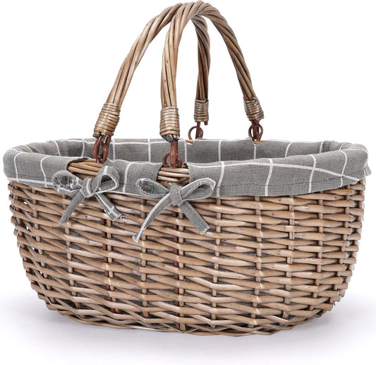 G GOOD GAIN Oval Picnic Basket with Folding Handles, Willow Hand Woven Shopping Basket, Bath Toy Kids Toy Storage Gift Packing Basket, Wicker Empty Easter Eggs and Candy Small Gift Basket.GreyCheck