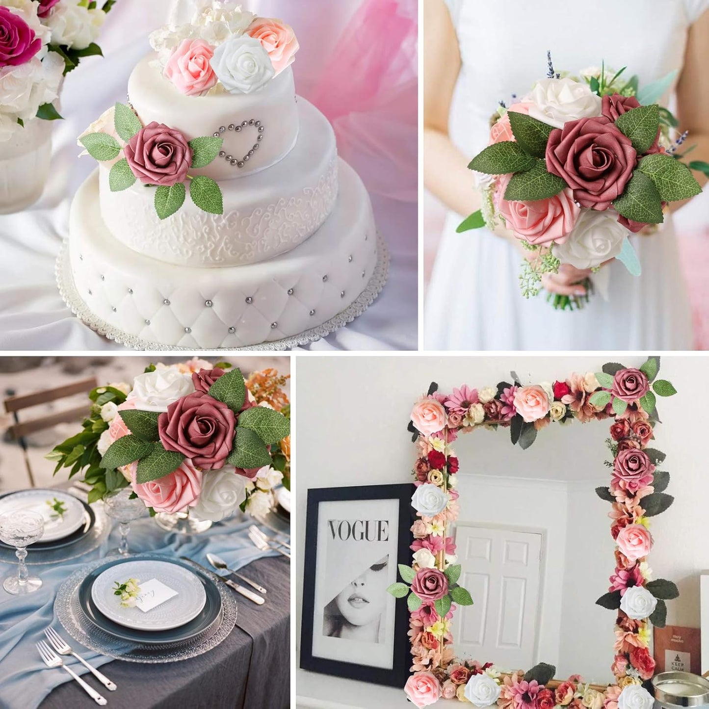 AmyHomie Artificial Flower Shades of Rose 25pcs Real Looking Fake Roses w/Stem for DIY Wedding Bouquets Centerpieces Arrangements Party Baby Shower Home Decorations