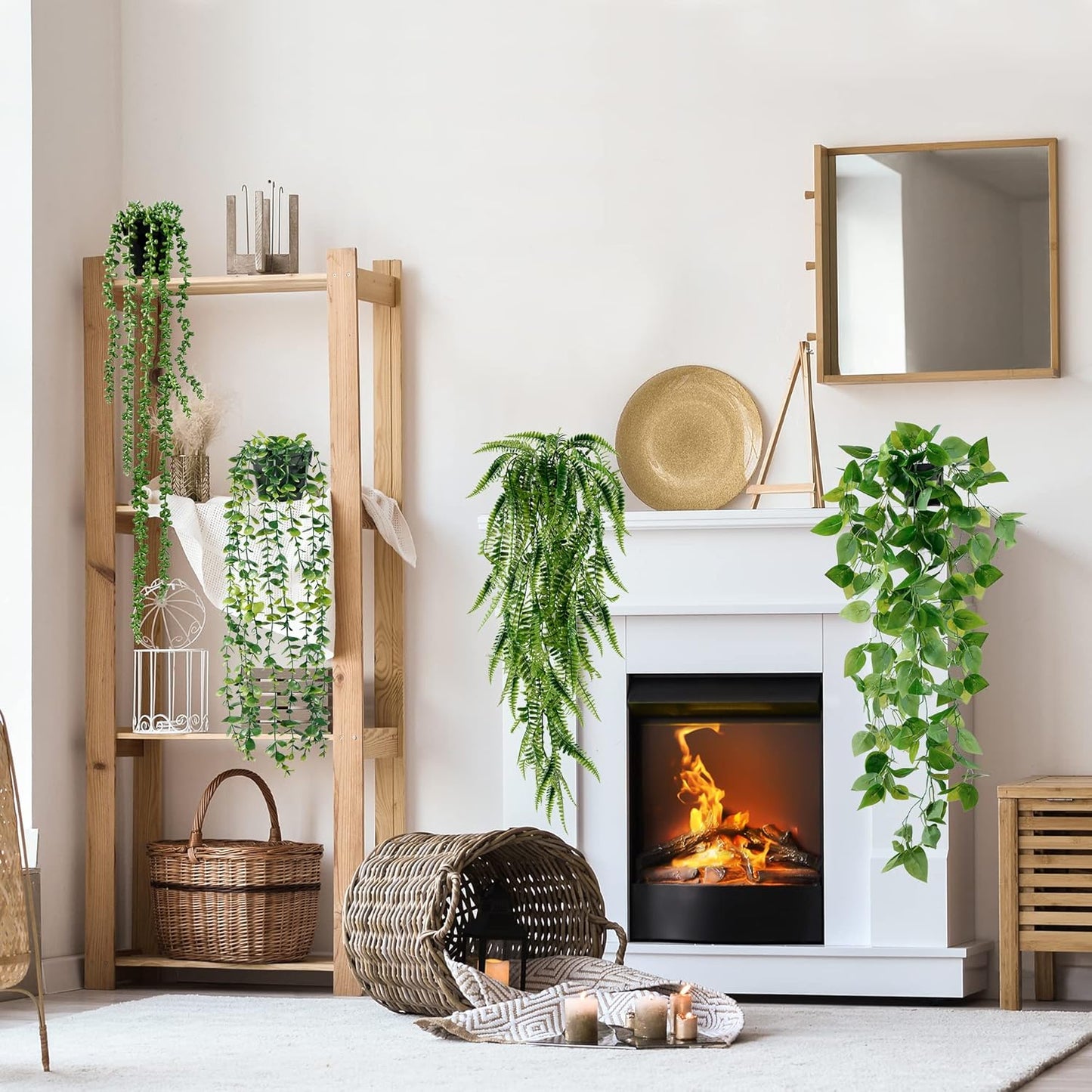 Sggvecsy Fake Hanging Plants 4 Pack Artificial Hanging Plants Fake Potted Greenery Faux Eucalyptus Vine String of Pearls Boston Fern Ivy Vine Leaves for Home Indoor Outdoor Shelf Wall Garden Decor