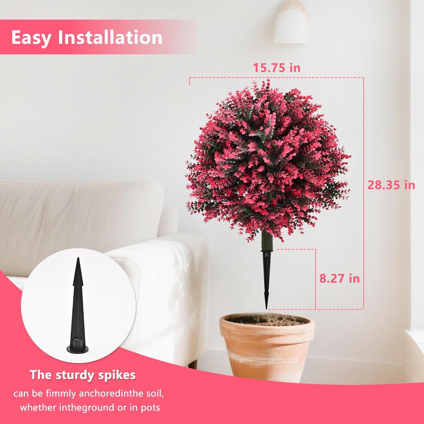 28" Set of 2 Artificial Boxwood Topiary Ball Bush for Outdoor with Ground Spike, UV Resistant Faux Greenery Shrubs, Fake Rose&Green Boxwood Plants for Garden, Yard, Porch, Patio Decor