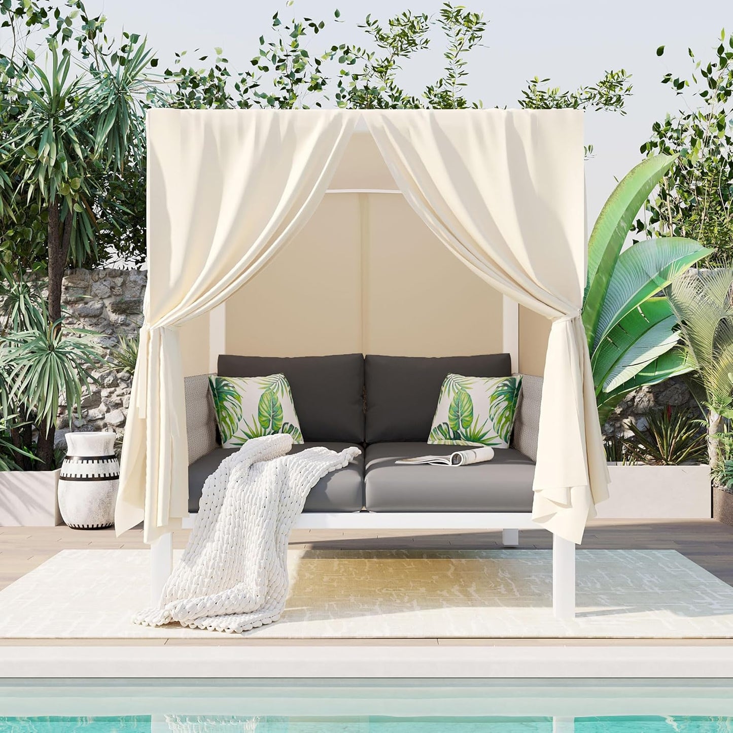 Polibi Outdoor Patio Sunbed with Beige Curtains,Outdoor Sun Lounger Bed with Pillows,Rubber Core Rope Weaving Outdoor Double Chaise Lounge Suitable for Pool,Garden,Gray+Beige
