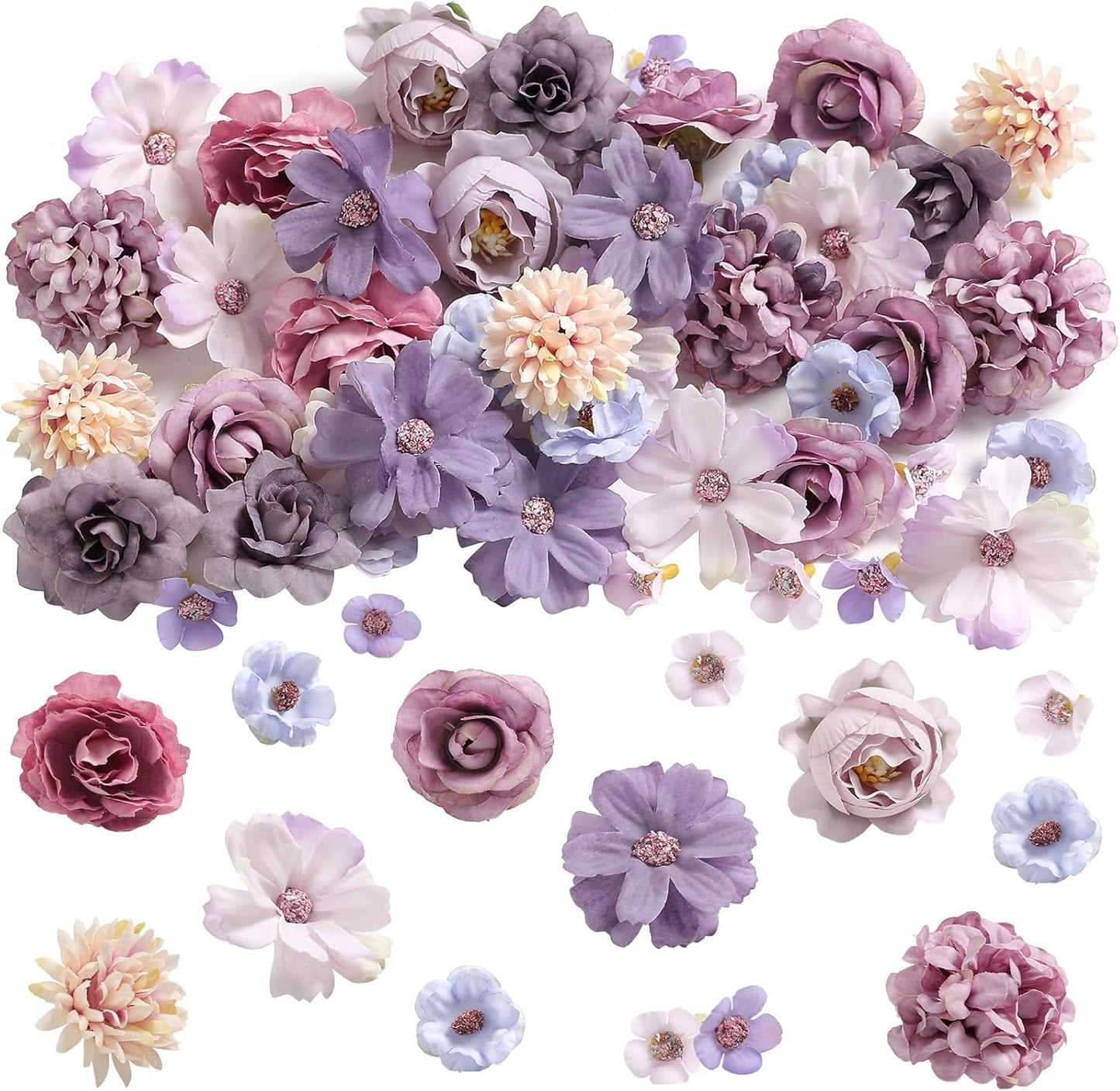 Faux Flower Heads Small Silk Artificial Flower DIY Fake Mini Flowers Rose Daisy Multicolor Flowers Craft Supplies for Wedding Party Wreath Graduation Season Party Home Decor (45, Purple)