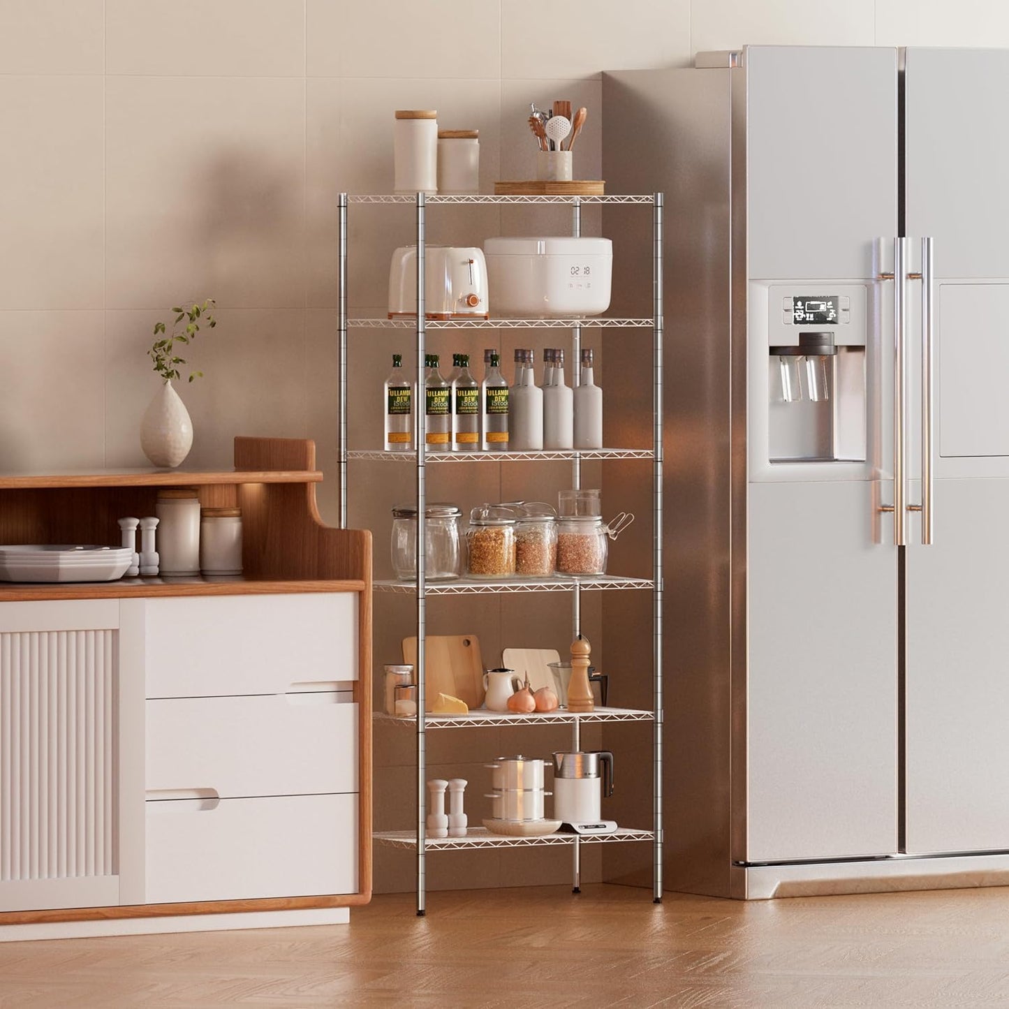 Finnhomy 6-Tier Wire Shelving Unit Adjustable Steel Wire Rack Shelving 6 Shelves Steel Storage Rack or Two 3 Tier Shelving Units with PE mat and Stable Leveling Feet, NSF Certified, Chrome