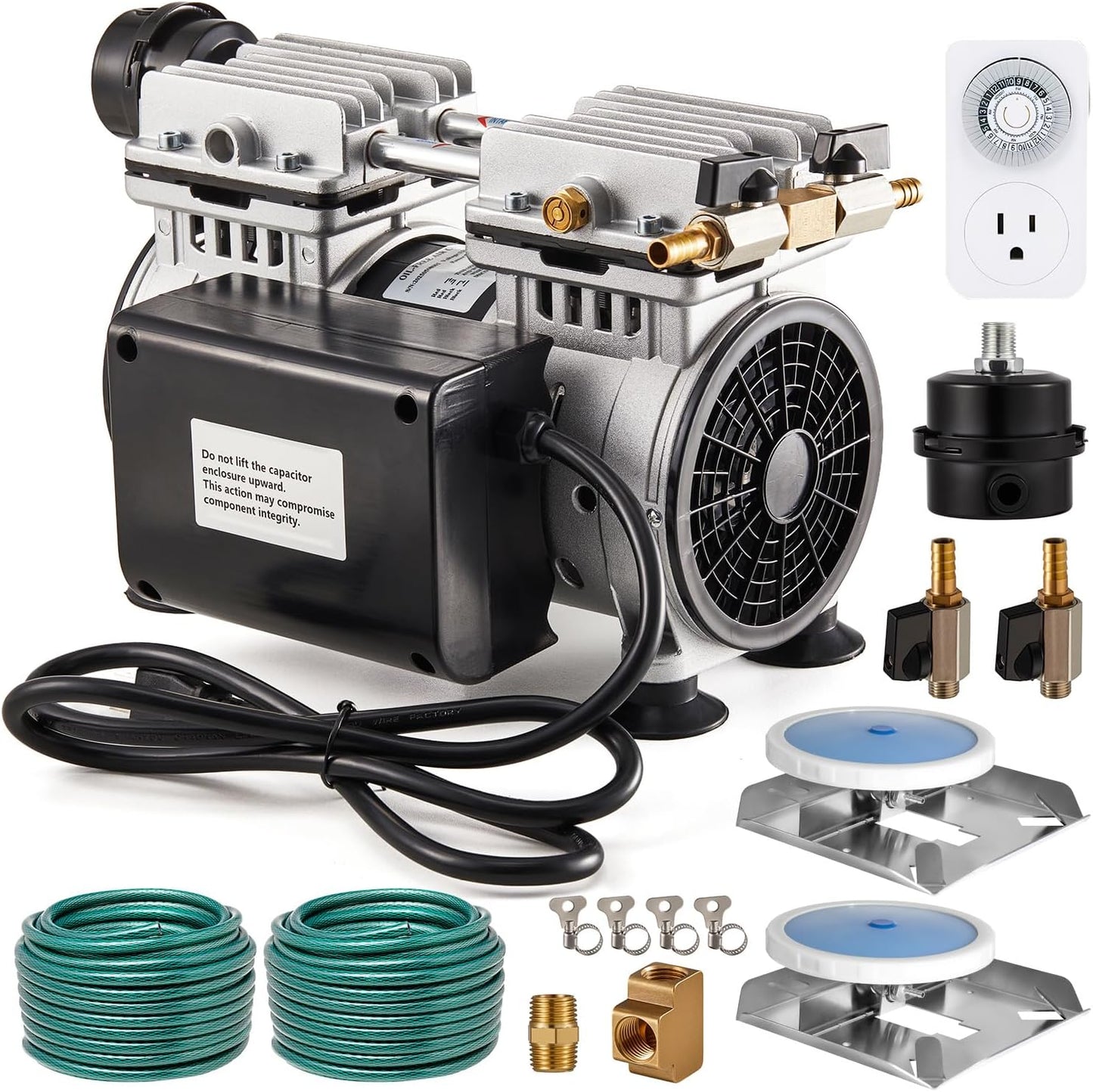 Pond & Lake Aeration System,Pond Aerator Pump,550W Power 5.2CFM for Up to 3 Acre with Timer,3/4 HP Compressor (2 Diffusers, 1)