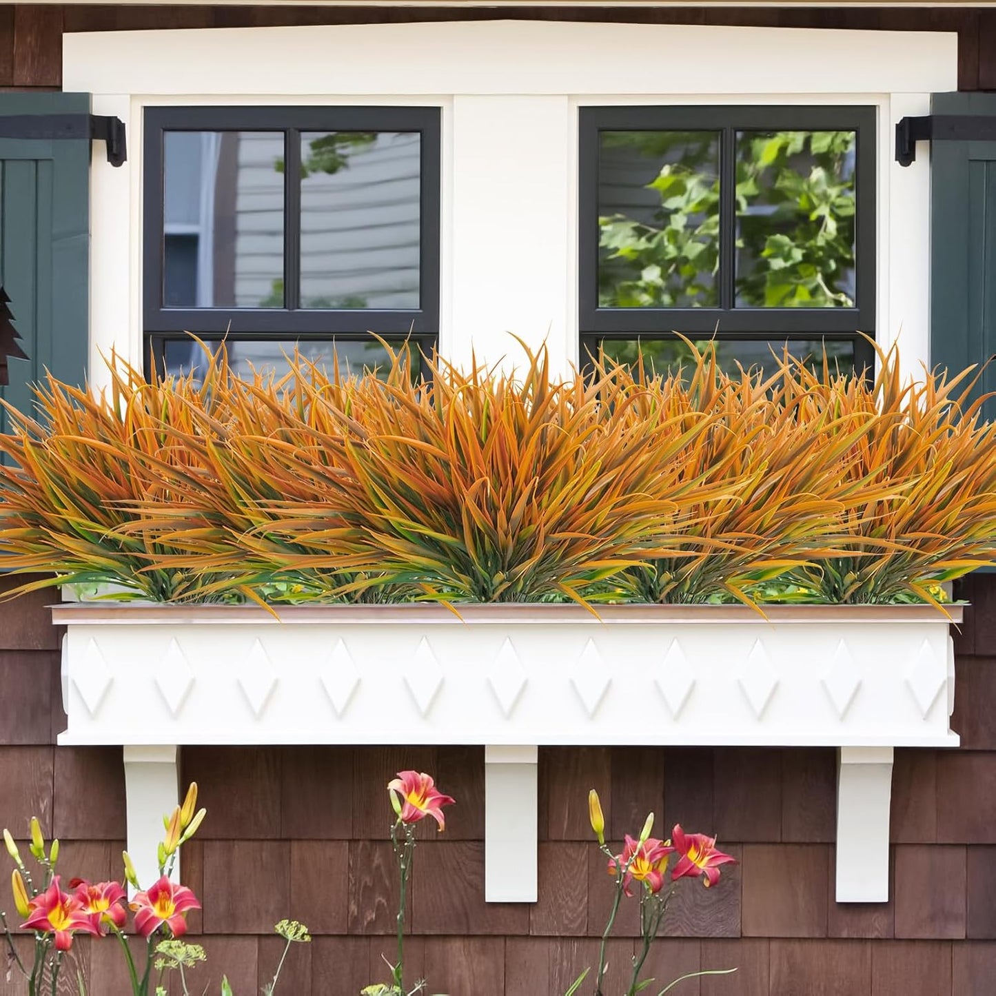 Uieke 12 Bundles Artificial Outdoor Plants UV Resistant Fake Grass Plants Faux Plastic Plants Greenery Shrubs for Home Garden Pathway Window Box Front Porch Cemetery Fall Decor, Autumn Orange