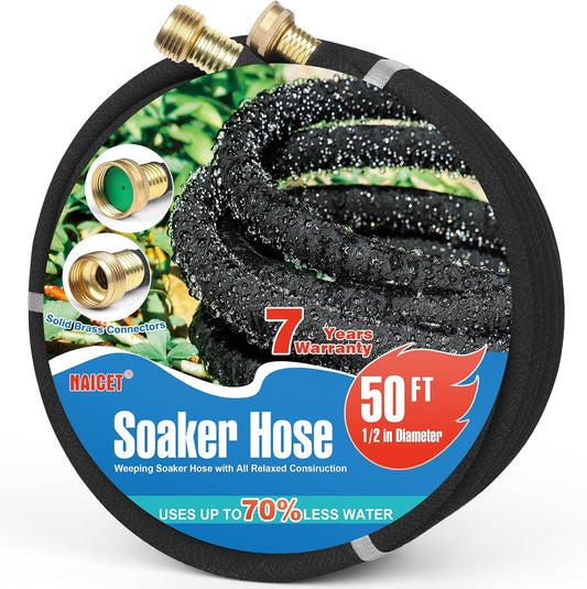 Soaker Hose 50FT Heavy Duty Rubber Saves 75% Water End Cap Included for Additional Hose Connect Great for Gardens/Flower Beds