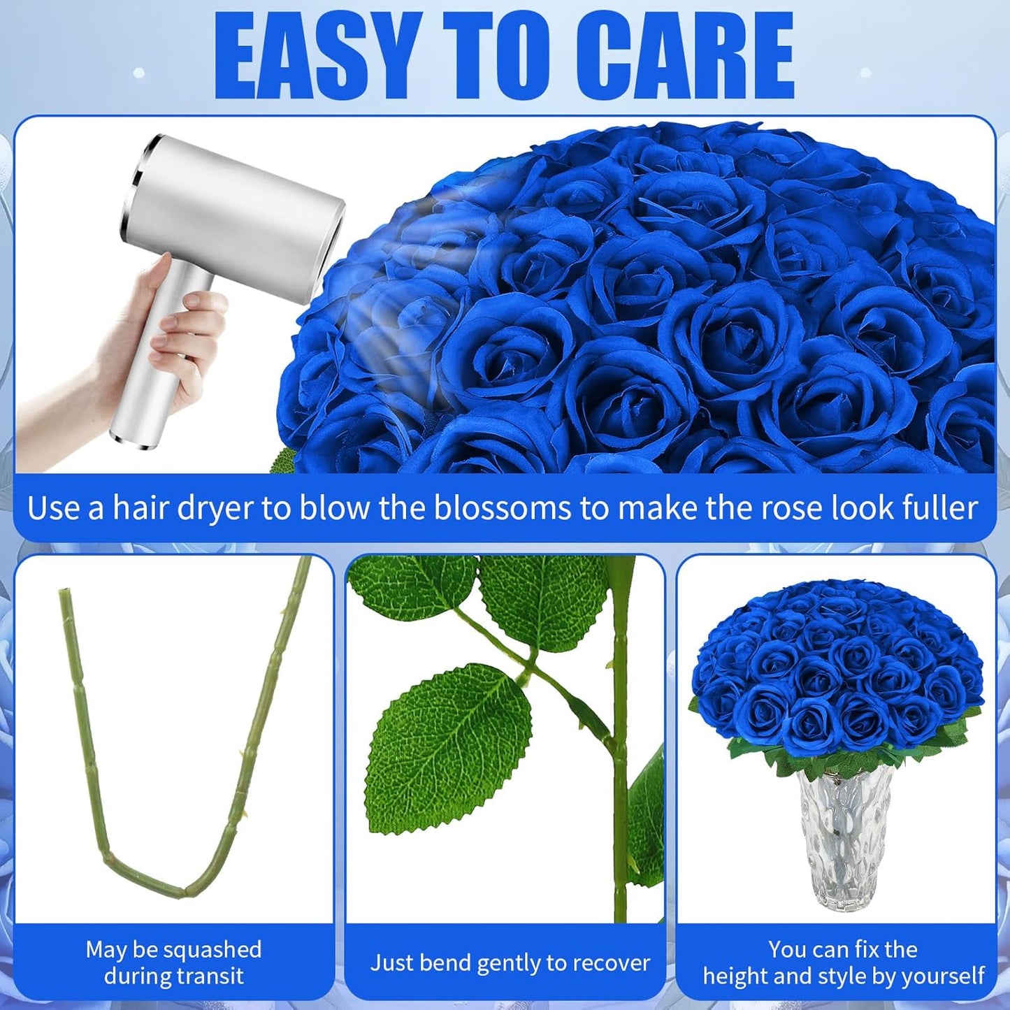 36 Pcs Royal Blue Artificial Roses with Long Stems, Blue Fake Silk Rose Artificial Flowers Bulk for Bridal Wedding Bouquet Centerpiece Ball Arrangement Party Decor