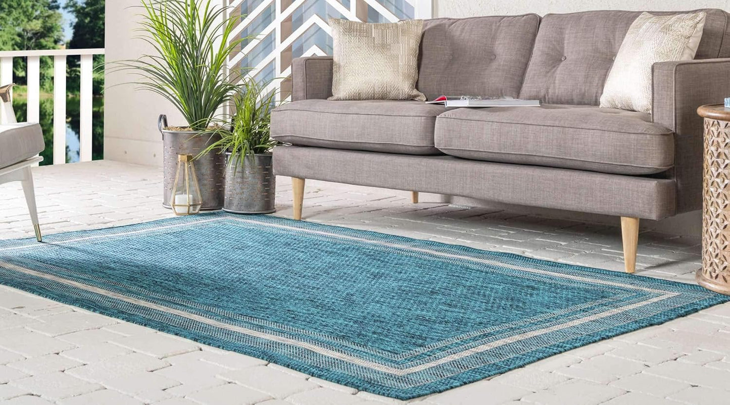 Unique Loom Outdoor Border Collection Area Rug - Soft Border (5' 1" x 8' Rectangle, Teal/ Ivory)