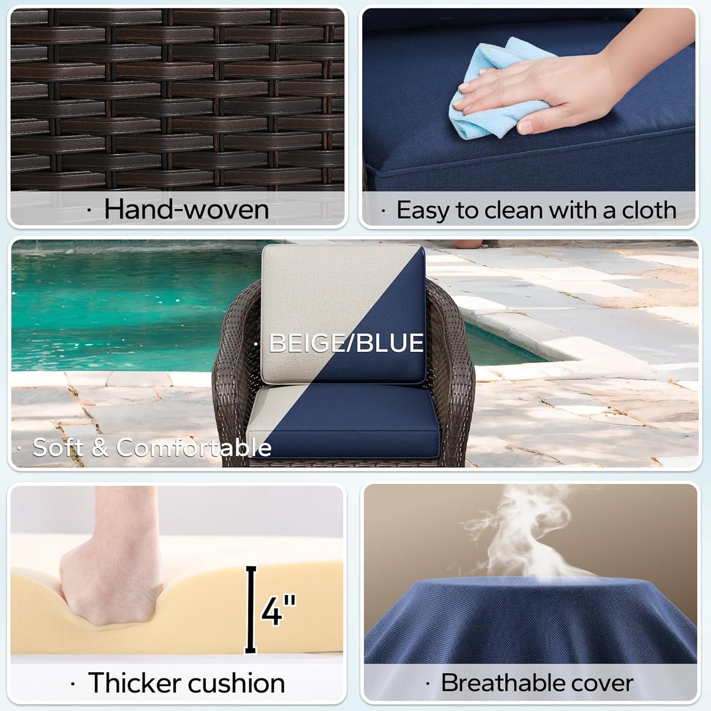 Outdoor Wicker 360 Degree Swivel Glider Rocker Chairs Set of 2 with Cat House Side Table, Patio Conversation Furniture Set with Washable Cushions for Garden, Poolside (Navy Blue)