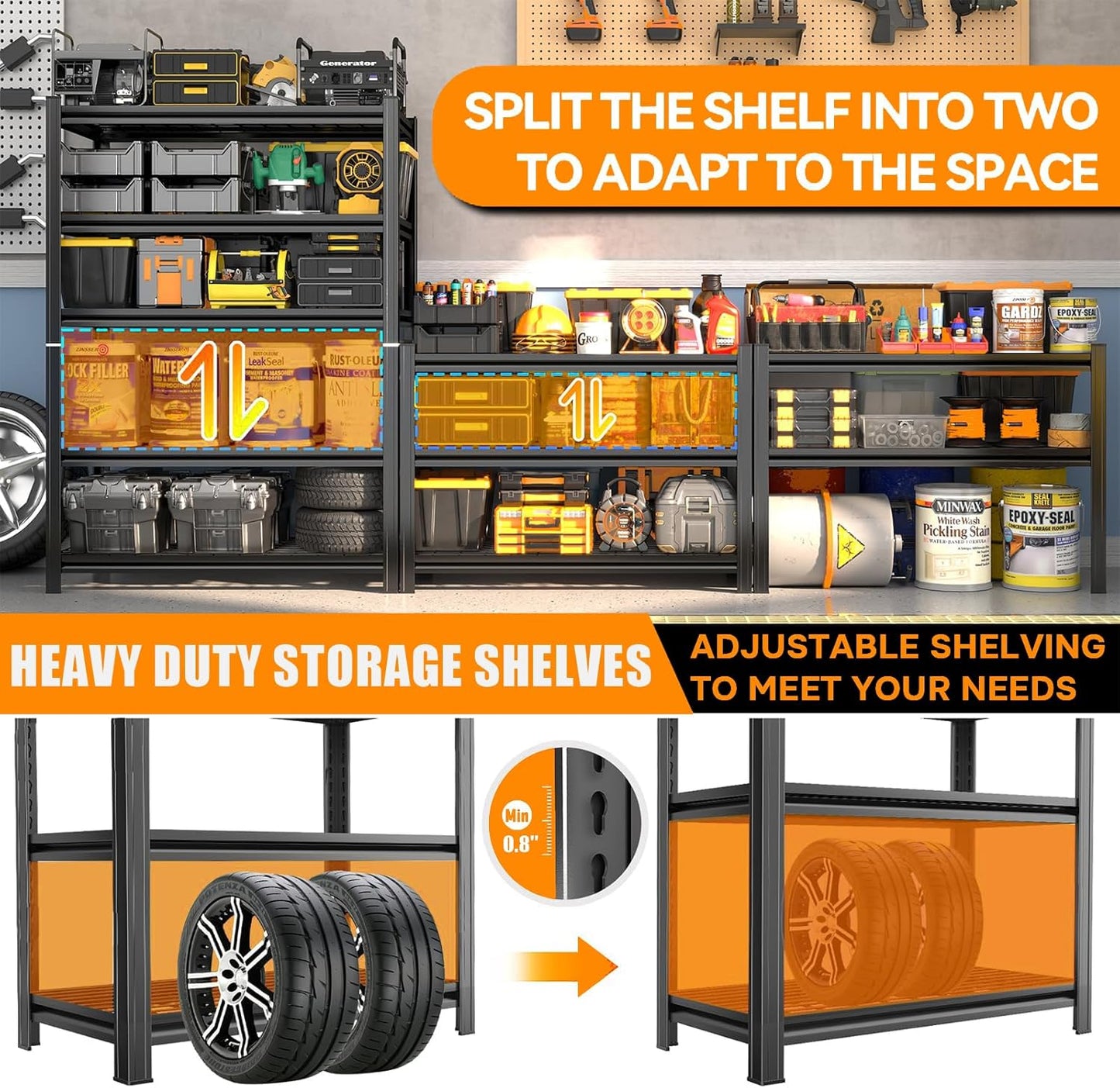 46''W Garage Shelving Heavy Duty Garage Storage Shelves, 3000 LBS Adjustable 5 Tier Industrial Shelving Unit, Metal Utility Shelf for Basement, Warehouse and Workshop (72''Hx46''Wx20''D, Black)