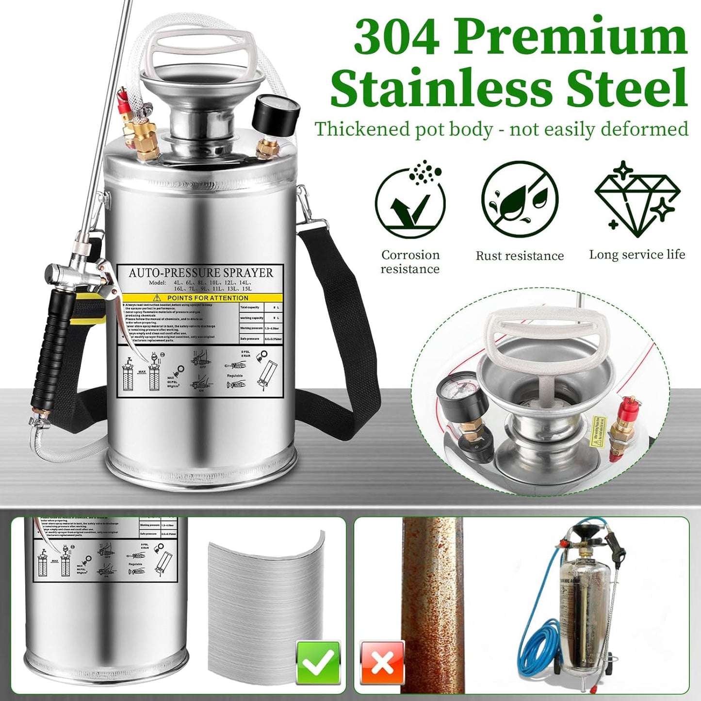 3.5 Gallon Stainless Steel Sprayer, Hand Metal Pump Up Sprayer Reinforced Hose with Pressure Gauge, Safety Valve & Adjustable Nozzle, Garden Weed Sprayers for Lawn, Gardening, Sanitizing