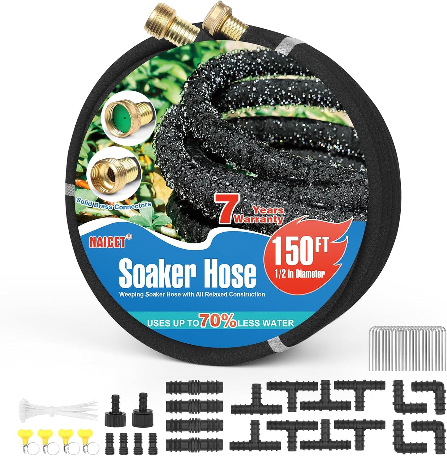 Soaker Hose 150FT Heavy Duty Rubber Saves 75% Water End Cap Included for Additional Hose Connect Great for Gardens/Flower Beds