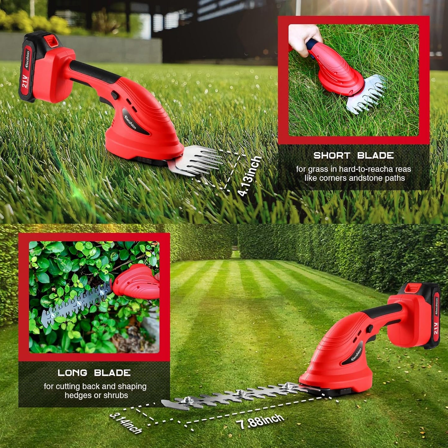 Cordless Hedge Trimmer with Battery (2Pack) and Charger, 2 in 1 Handheld Small Electric Bush Trimmers/Grass Cutter Yard Tool for Shrub/Tree/Lawn, Rechargeable Battery Powered Hedge Clipper for Garden
