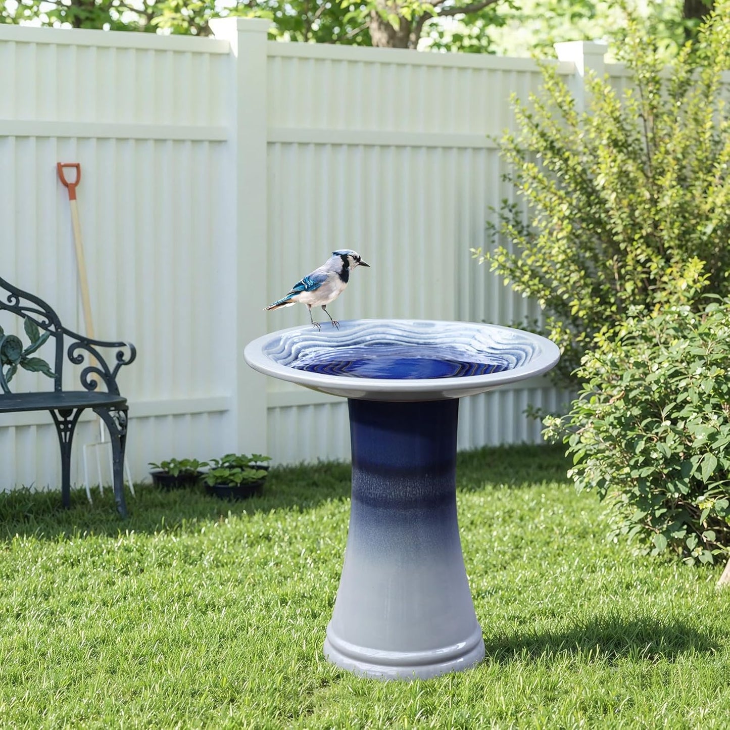 LuxenHome 18 Inch Ceramic Bird Bath for Outside, Elegant Tall Outdoor Bird Bath, Lightweight Pedestal Glazed Birdbaths for Outdoors with Swirl Pattern, Ombre Blue