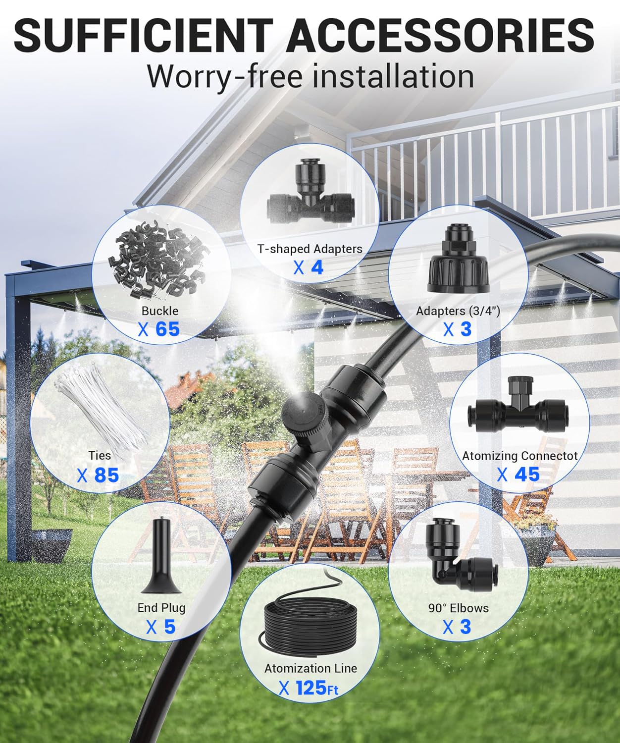 125FT Misters for Outside Patio Misters for Cooling (45 Mist Nozzles) Outdoor Water Patio Hose Greenhouse Mister System Outside Mist Backyard Trampoline for Waterpark Watering Misters for Cooling