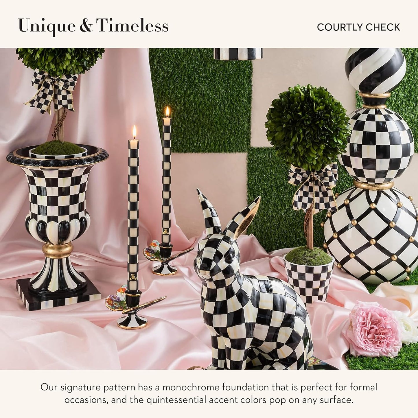 MACKENZIE-CHILDS Pedestal Tabletop Urn, Decorative Centerpiece for Table, Mantel, or Shelf, Tall, Black-and-White Courtly Check