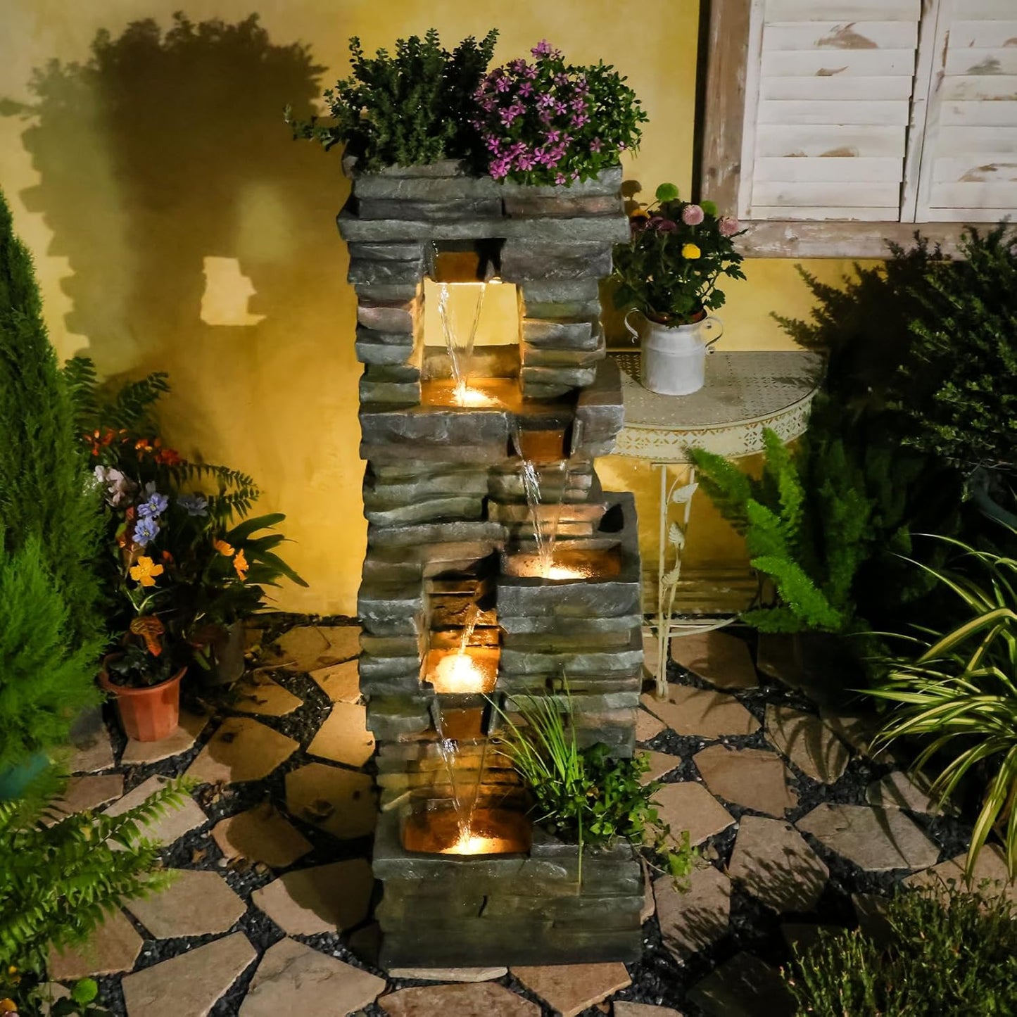 59 inches Outdoor Water Fountain Waterfall — Large Garden Rock Fountains 4-Tiered Waterfall Outdoor with Lights, Natural Stone Look Hollow Fountain for Patio Pool Porch Backyard, Stone Gray