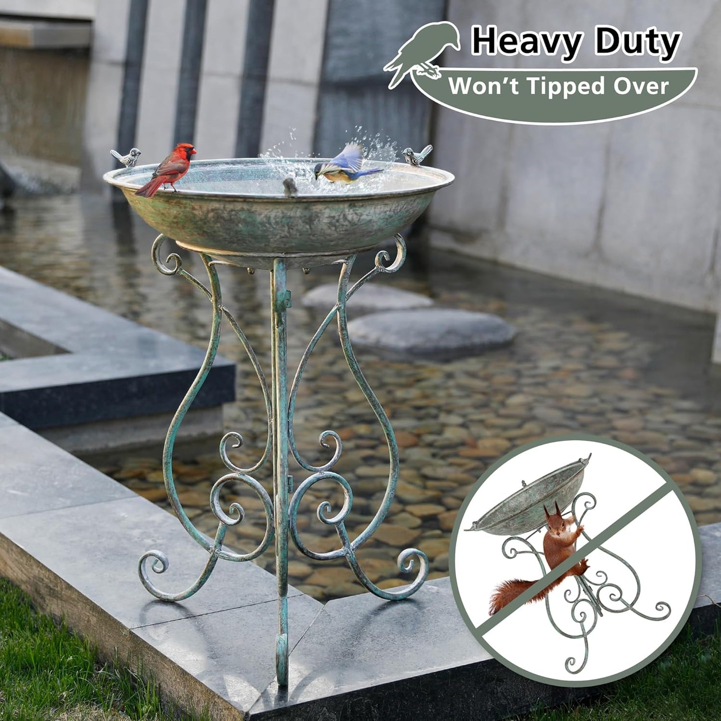 Solution4Patio 19.3" x 26.4" Vintage Metal Bird Bath for Outside - Foldable Garden Decor with Cast Iron Bird, Stable Birdbath Bowl & Feeder