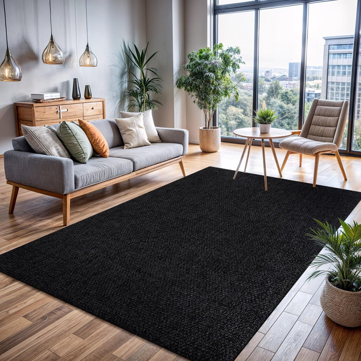 CAMILSON Easy Jute Rug 6x9, Indoor Outdoor Dark Gray Black Farmhouse Area Rugs for Living Room Patio and Kitchen Rug, Solid Boho Woven Design, Easy-Cleaning, Washable Outside Carpet Alfombras (6 x 9)