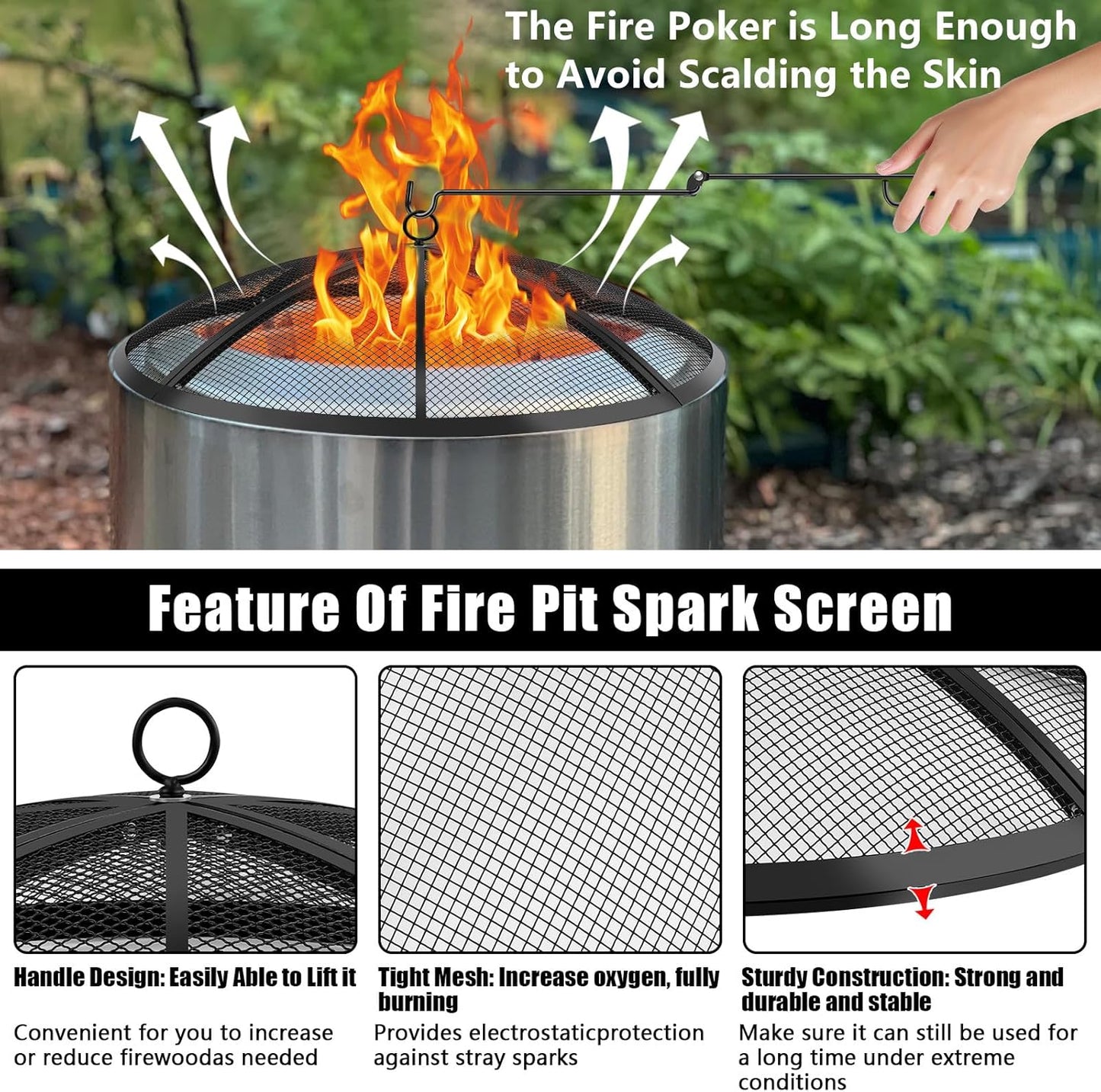 Fire Pit Spark Screen, Fire Pit Screen 30 Inch Round with Handle & Poker, Collapsible Heavy Duty Mesh Fire Pit Cover Fire Pit Lid for Outdoor/Patio/Backyard/RV Camping/Beach