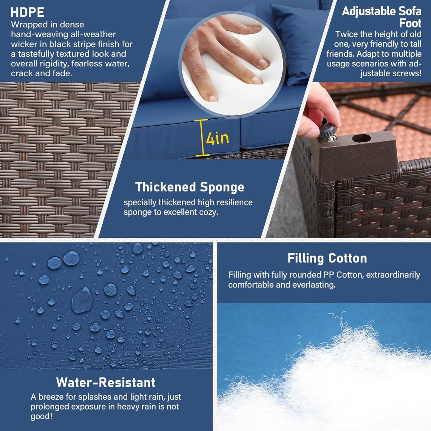 Outdoor Couch Wicker Patio Furniture 3-seat Sofa Outdoor Furniture Deep Seat Hight Backrest Waterproof Cover Non-Slip Cushions, Navy Blue