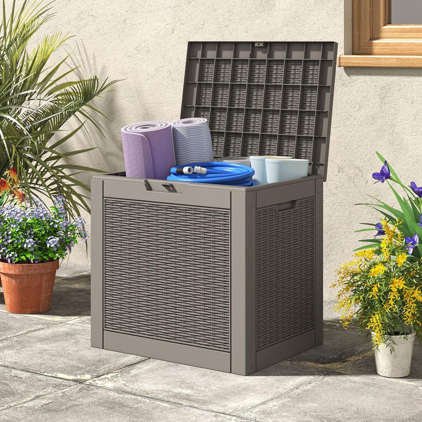 NUNU LAB 30 Gallon Waterproof Resin Deck Box, Lockable Outdoor & Indoor Storage Bench for Patio Cushions, Garden Tools, Pool Accessories & Package Deliveries – Grey
