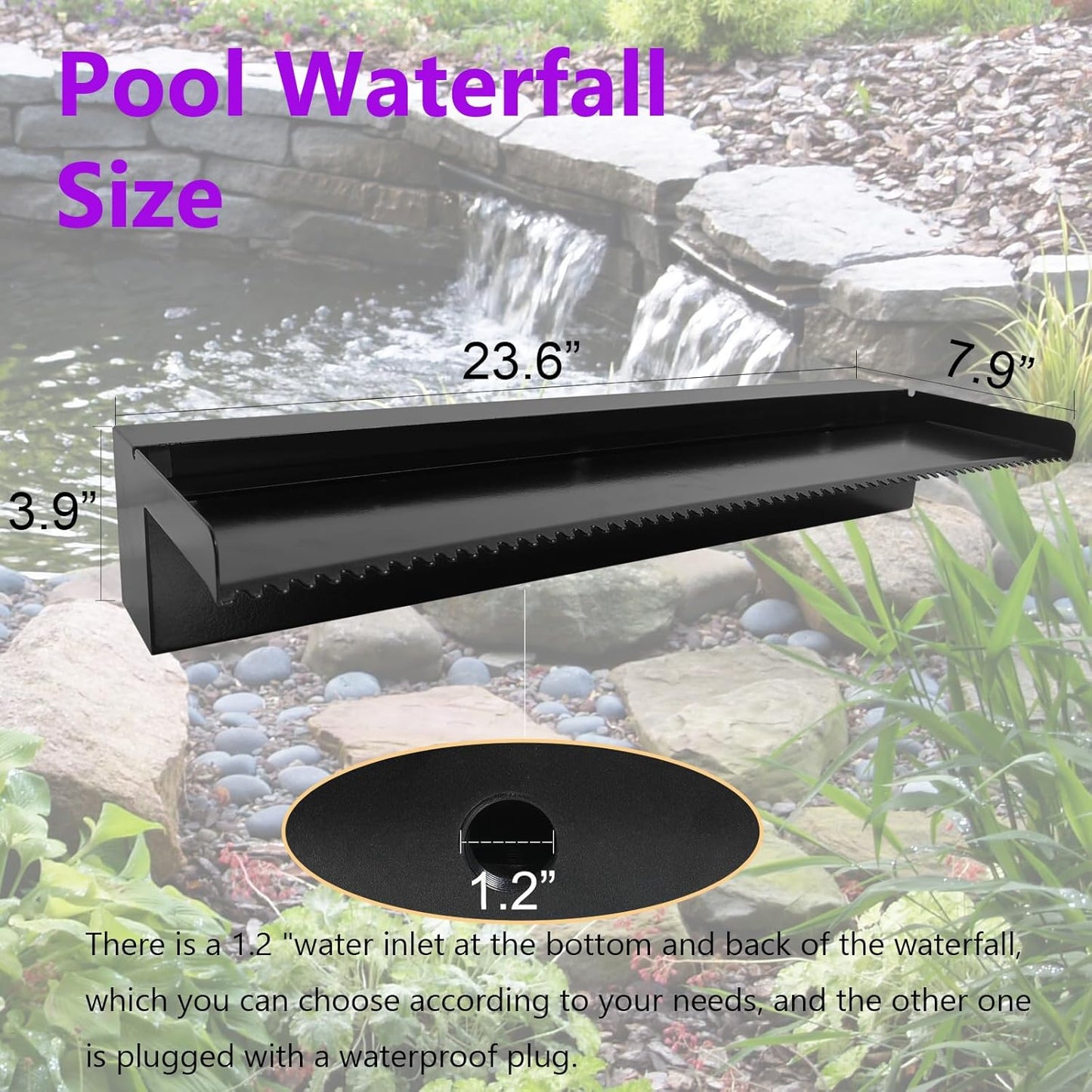 Pond Waterfall Spillway Pool Fountain Water Feature, Black Stainless Steel Outdoor Fountains, Swimming Pool Water Flow Waterfalls Kit for Garden Patio Ponds-23.6"x7.8"x3.9"(NO Light)