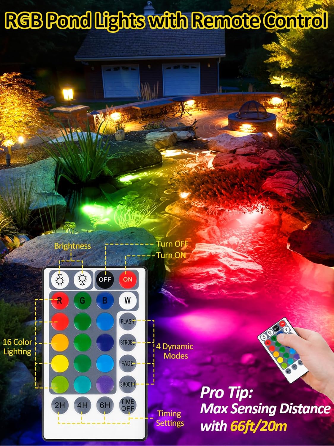 T-SUN Colored Pond Lights with Timer,LED Underwater Pond Light Submersible Fountain Lights for Fish Tank Landscape Spotlight-Remote Control, IP68 Waterproof, Aquarium, Yard (4 Heads)