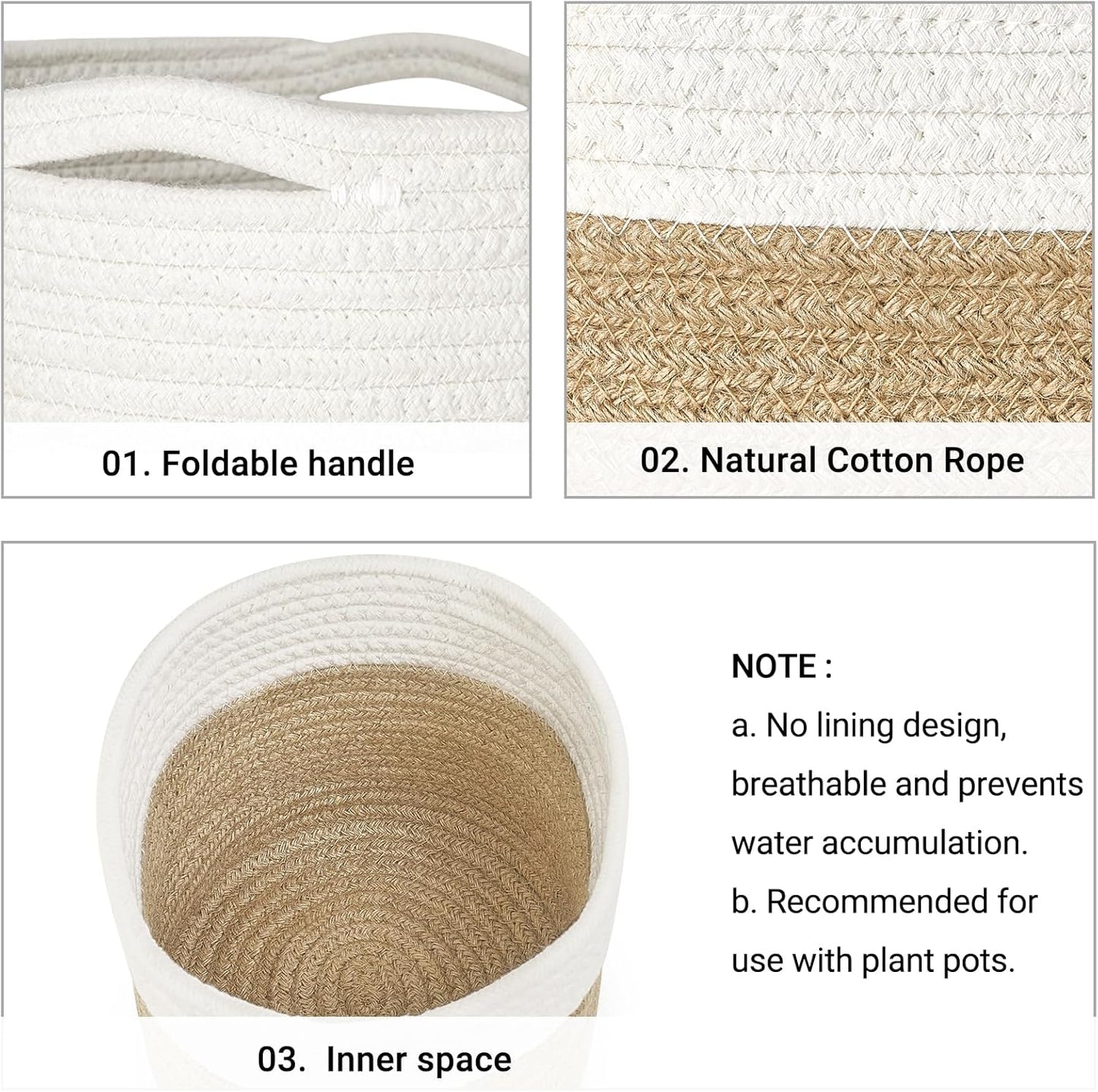 Dahey Jute Spliced Cotton Rope Plant Basket Modern Woven Storage Basket for 10.5" Floor Indoor Planter, Decorative Flower Pots Cover Laundry Bin with Handle Rustic Home Decor, White and Beige