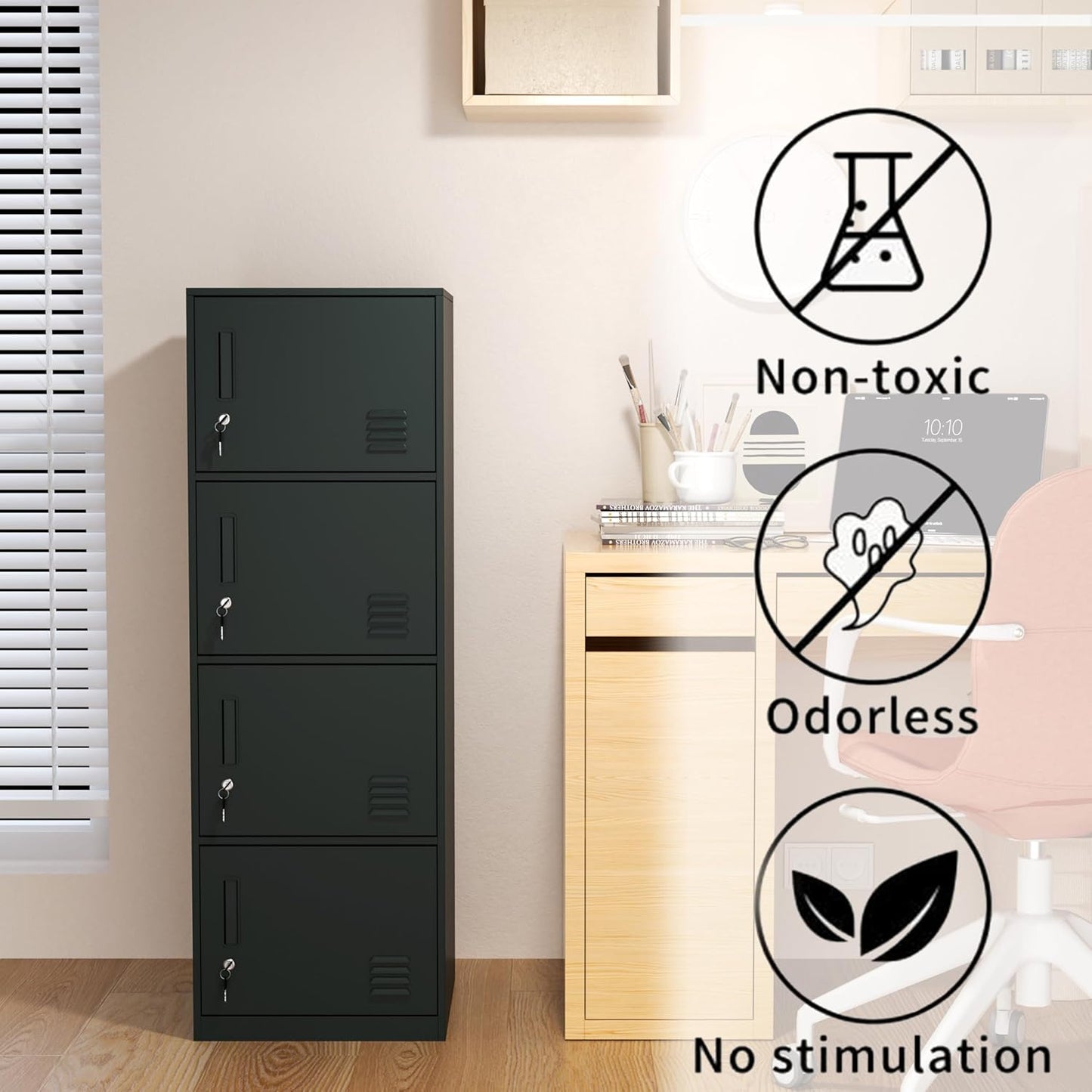 4 Door Metal Storage Locker Cabinet for Office, Home, Gym, School, Steel Cabinet to Storage File, Toys, Shoes and Sports Equipment, Locker Organizer for Gym Office Bedroom (4 Door, Black)