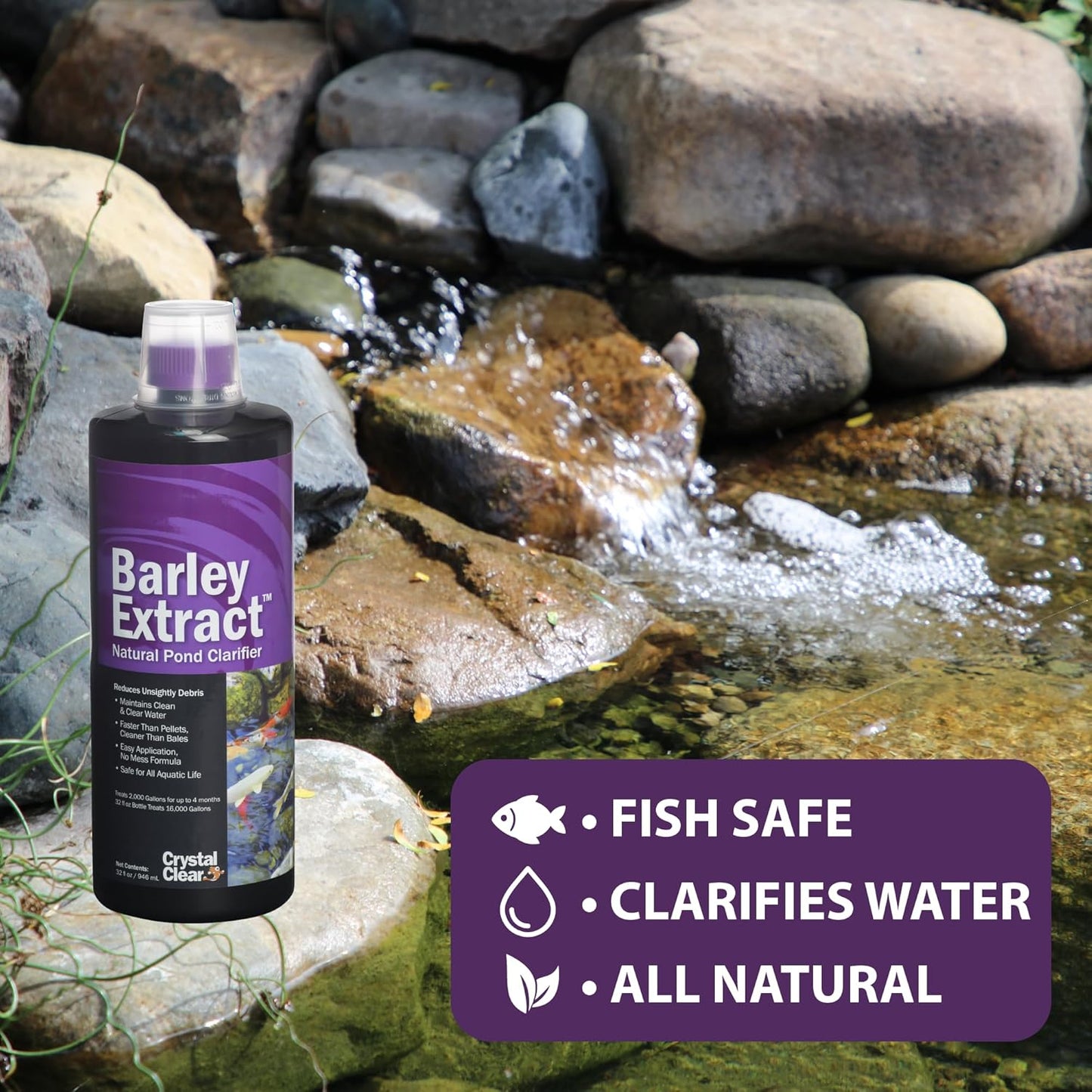 CrystalClear Barley Extract Water Garden & Fountain Clarifier, Natural Liquid Concentrate to Treat Cloudy Ponds, Koi Fish, Plant & Pet Safe, 1 Gallon