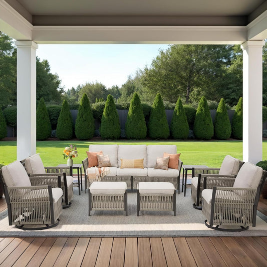 Patio Furniture Wicker Outdoor Conversation Set, 9-Piece All Weather Patio Furniture Rattan Sofa Sets w/Swivel Rocking Chairs & Ottomans, Side Table for Backyard, Balcony, Deck, Beige