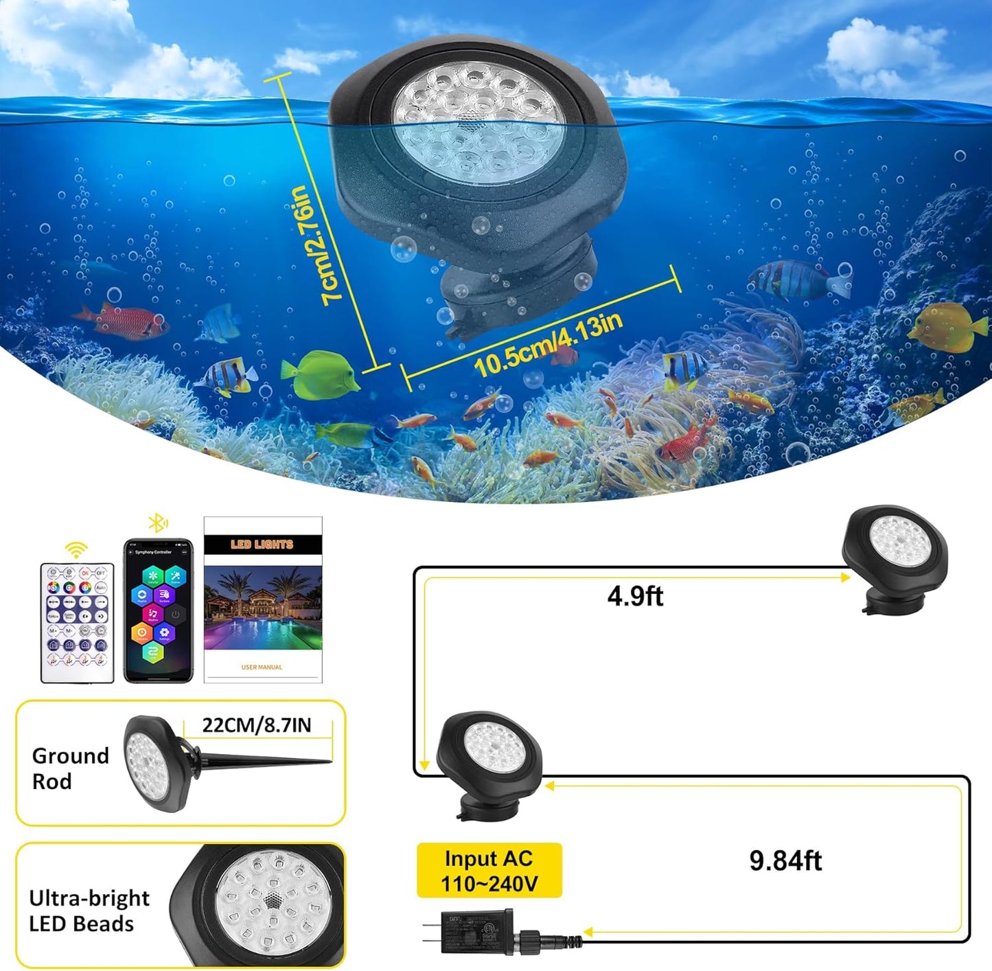 T-SUN Color Changing Pond Lights LED Underwater APP and Remote Control Submersible Fountain Lights IP68 Waterproof Landscape Spotlight Fish Tank Light for Koi Pond Aquarium Garden (Set of 2)
