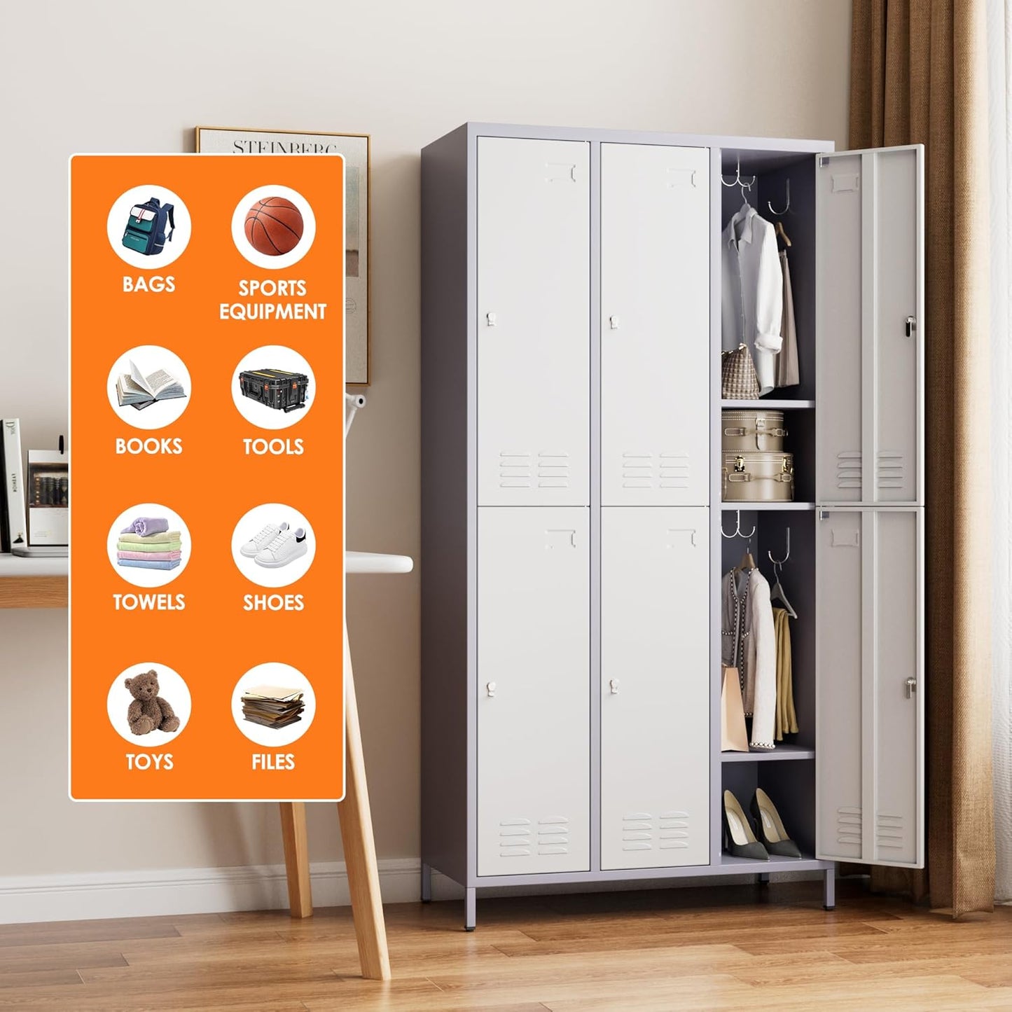 METAN Metal Locker for School Office Gym Bedroom,6 Doors Steel Storage Lockers Cabinet for Employees,Industrial Storage with 1 Shelf,Assembly Required,Gray White